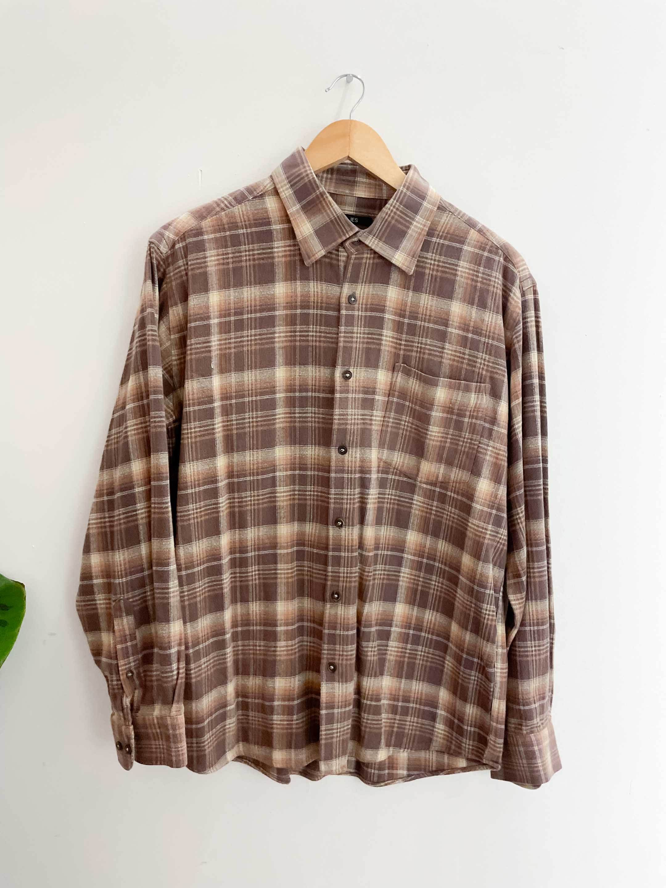 Vintage brown checkered mens large long sleeve shirt