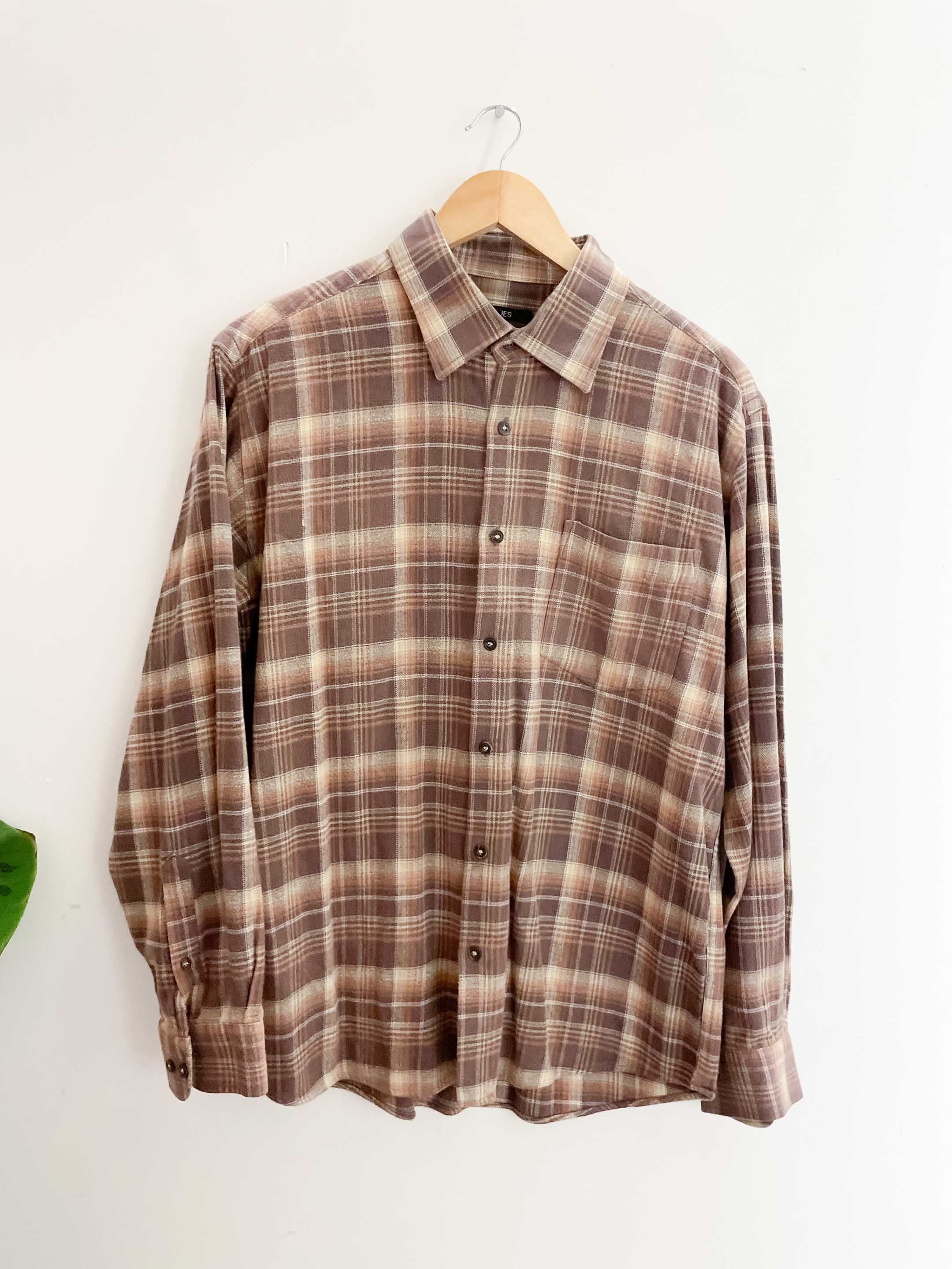 Vintage brown checkered mens large long sleeve shirt