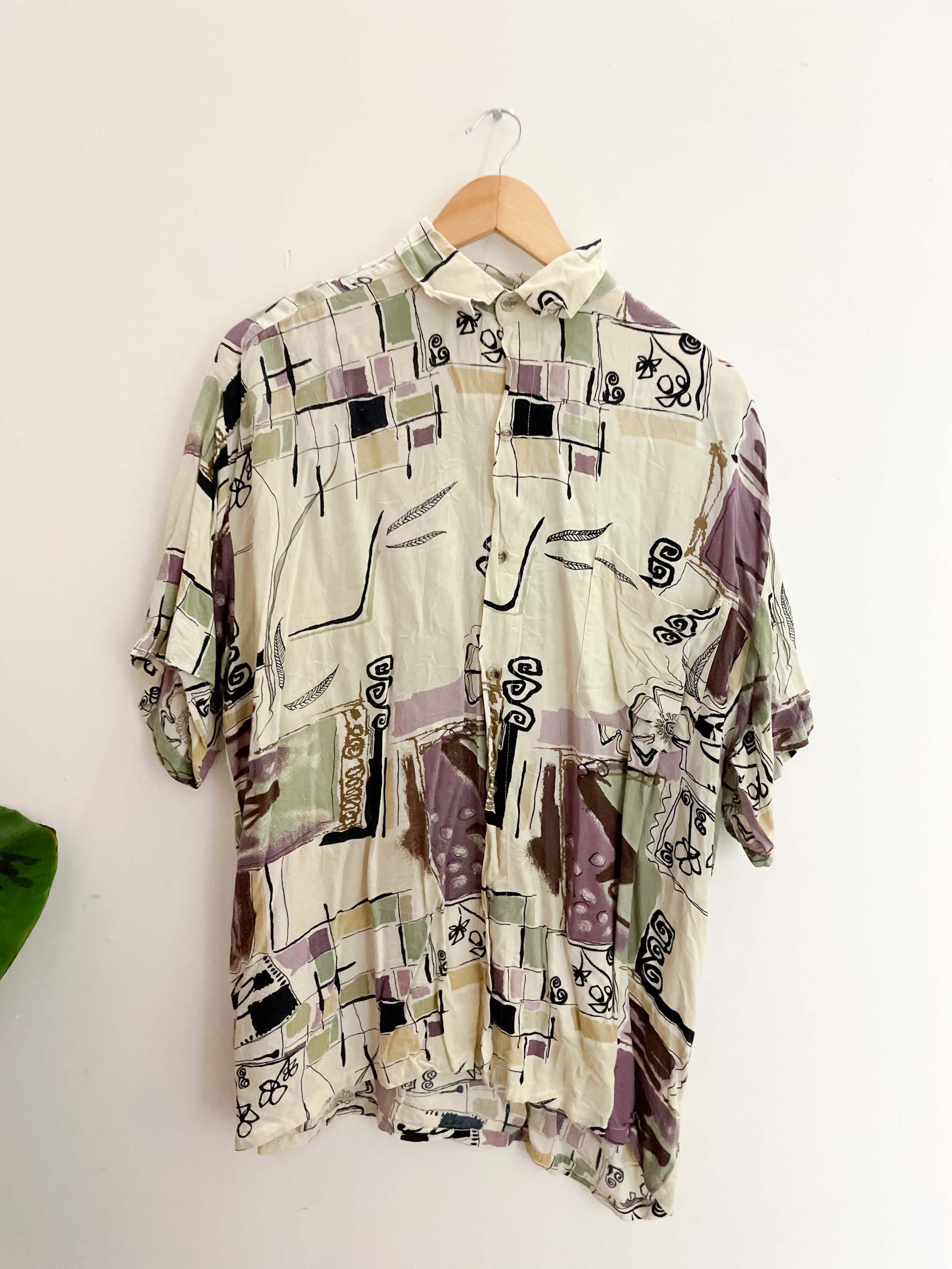 Vintage large multi abstract pattern short sleeve shirt