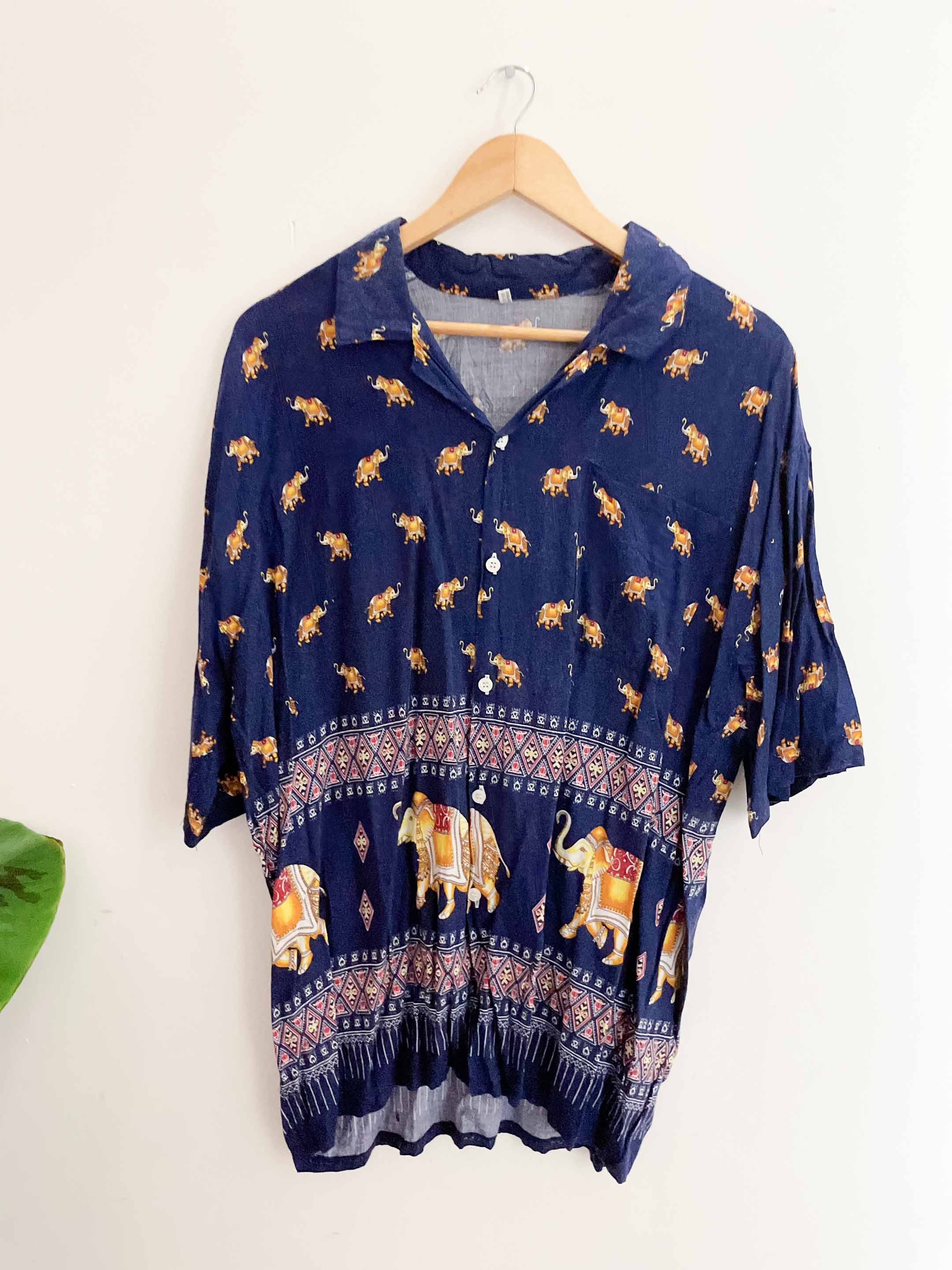 Vintage blue floral pattern mens short sleeve shirt size M