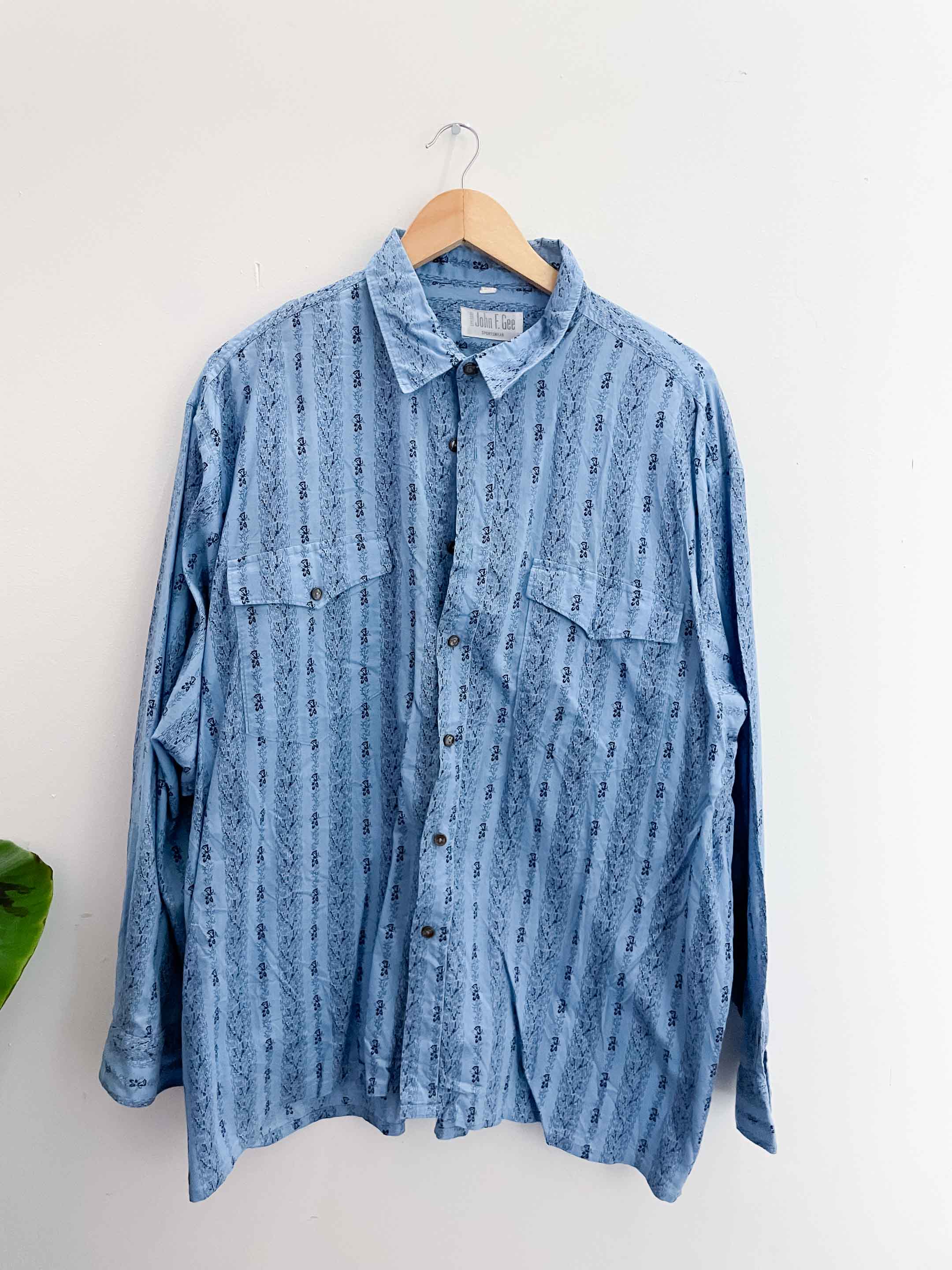 Vintage John F.Gee blue patterned long sleeve large shirt