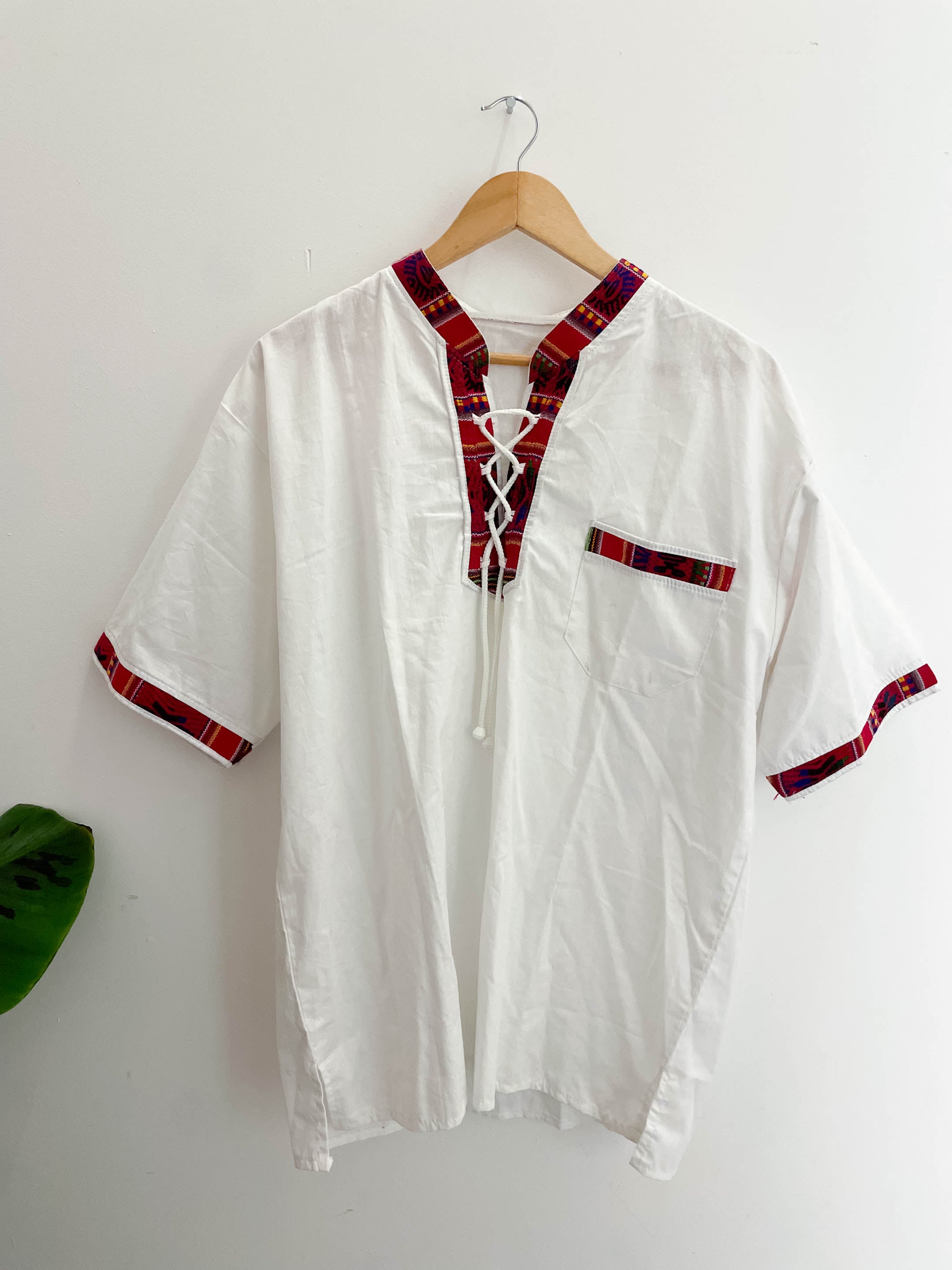 Vintage print pattern collar mens white festival mens shirt size M