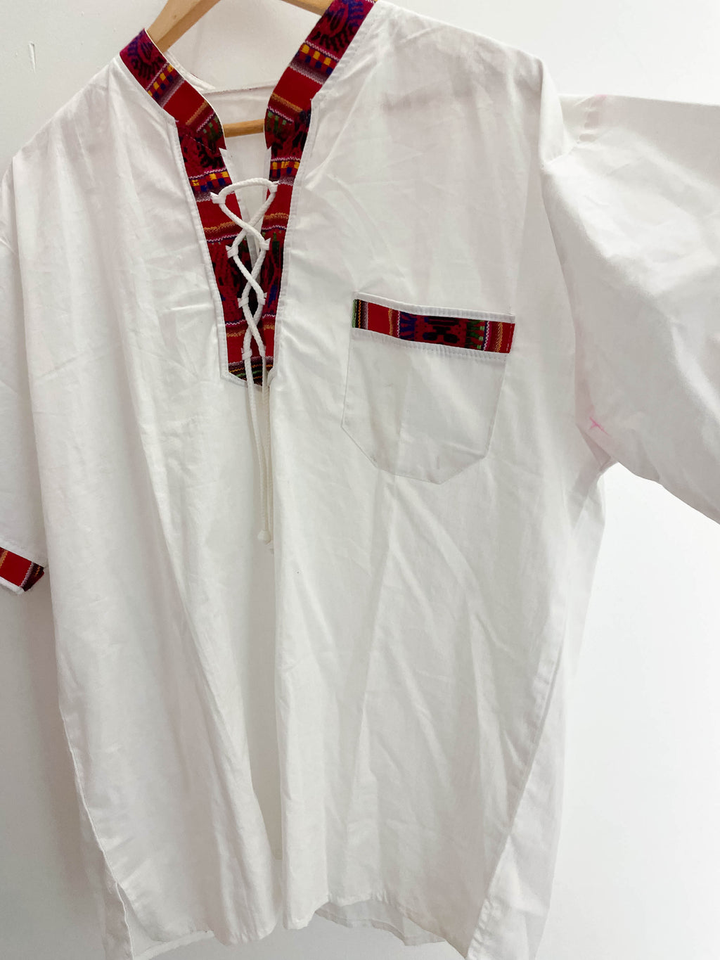 Vintage print pattern collar mens white festival mens shirt size M