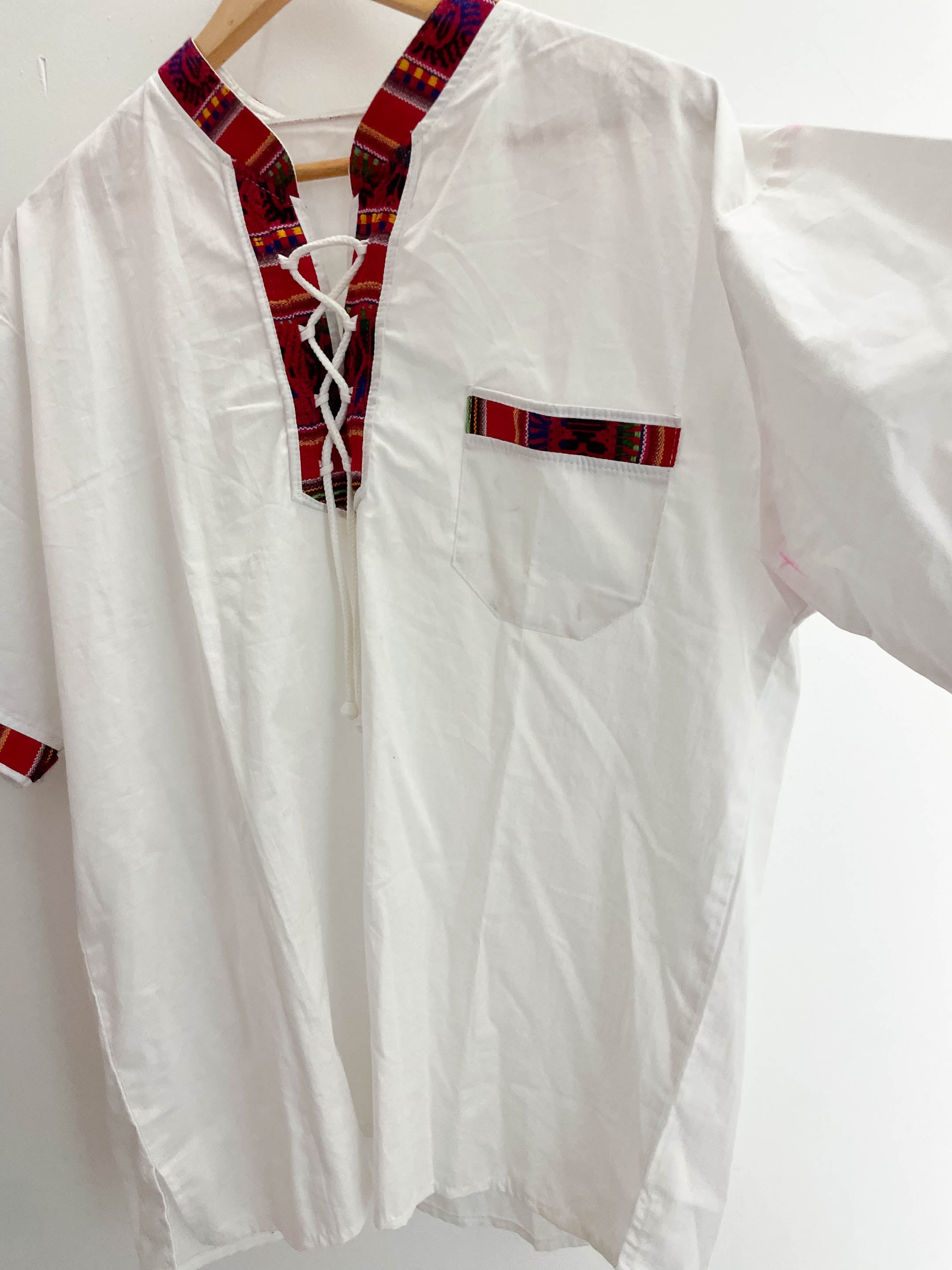 Vintage print pattern collar mens white festival mens shirt size M