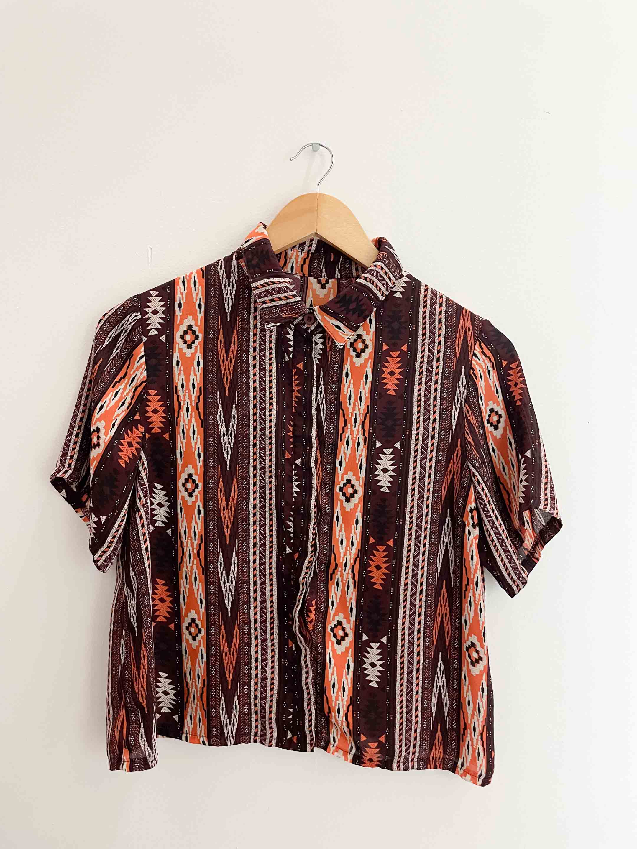 Vintage small brown totem vertical striped short sleeve shirt