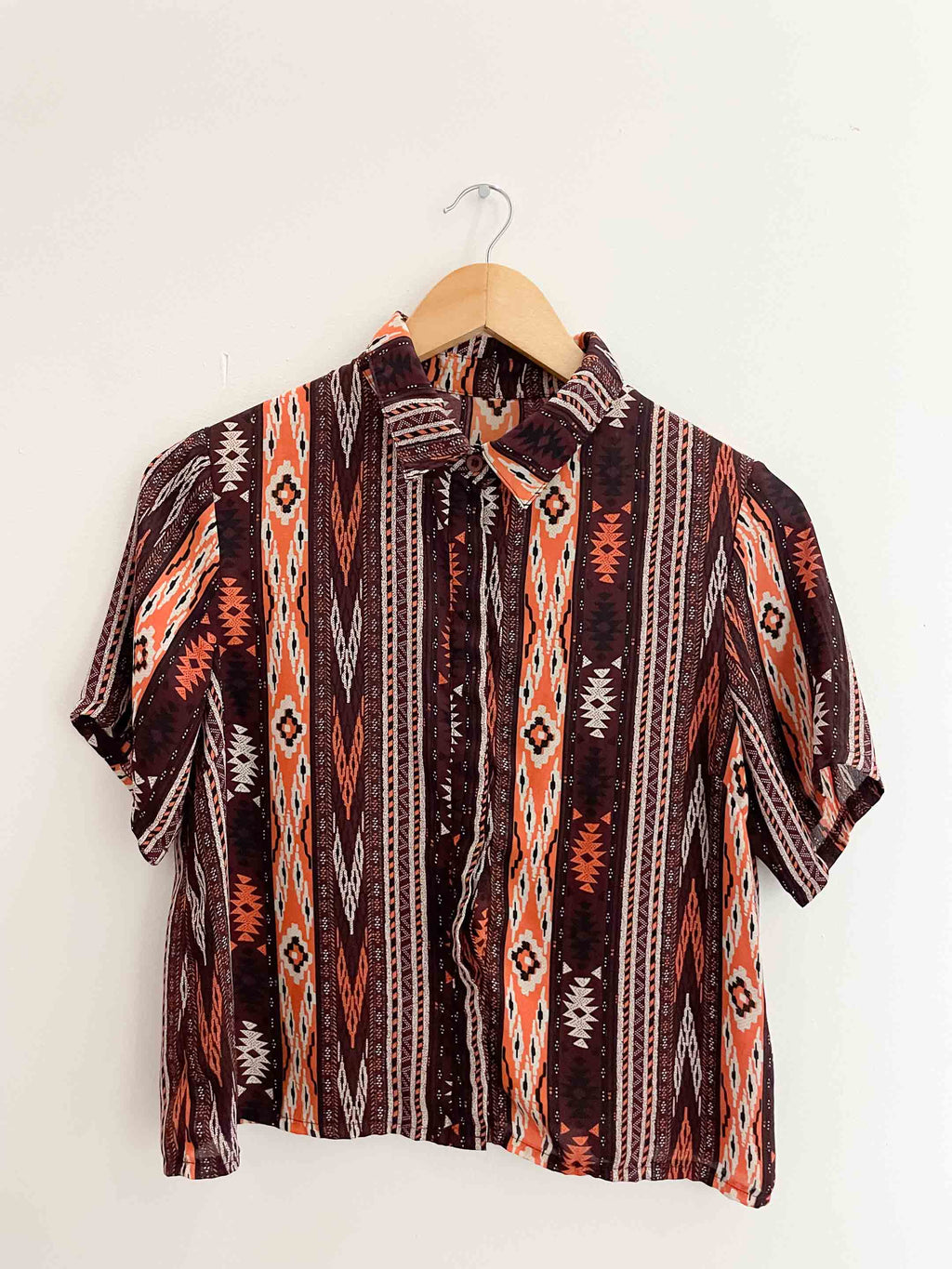 Vintage small brown totem vertical striped short sleeve shirt