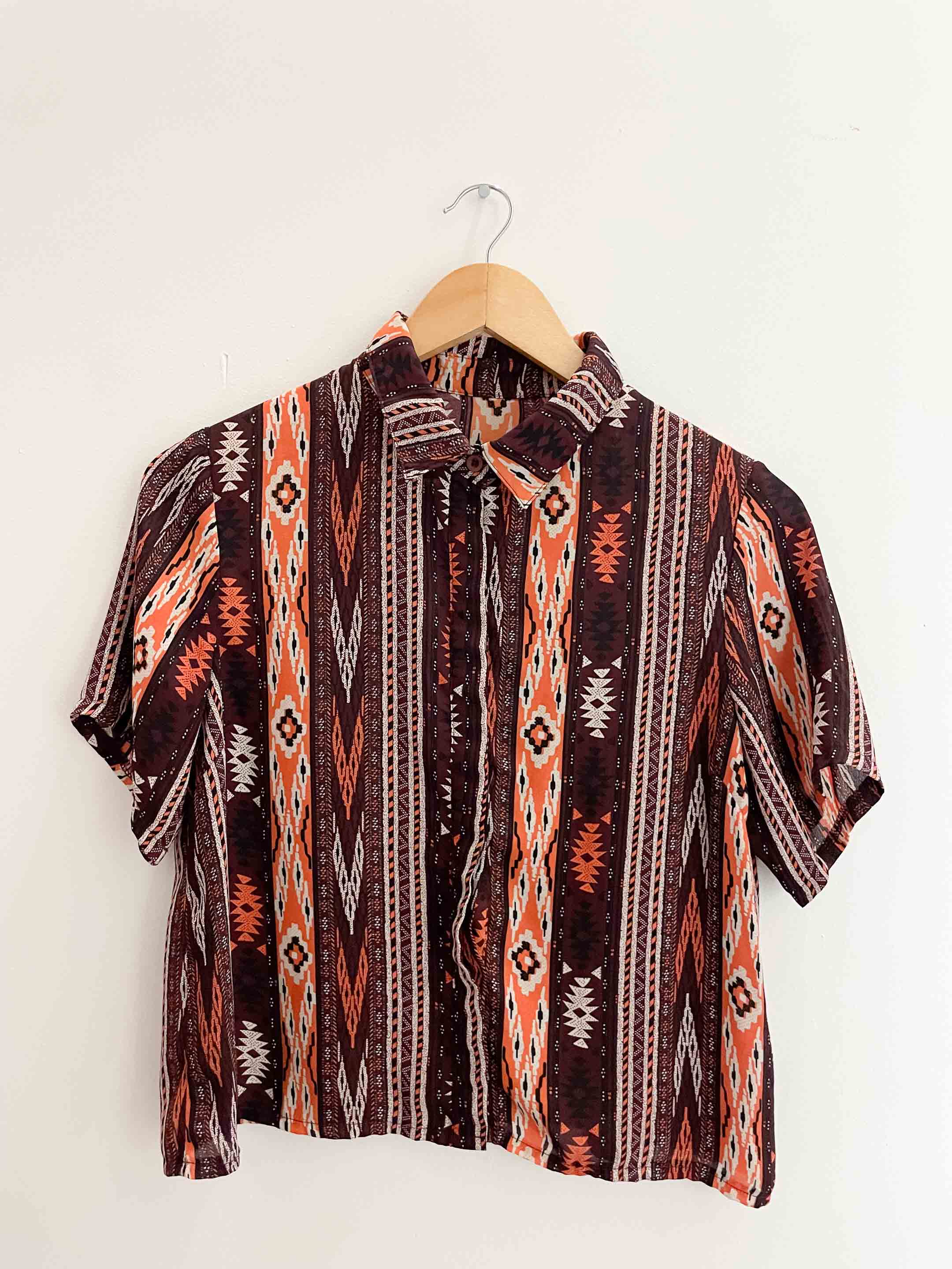 Vintage small brown totem vertical striped short sleeve shirt