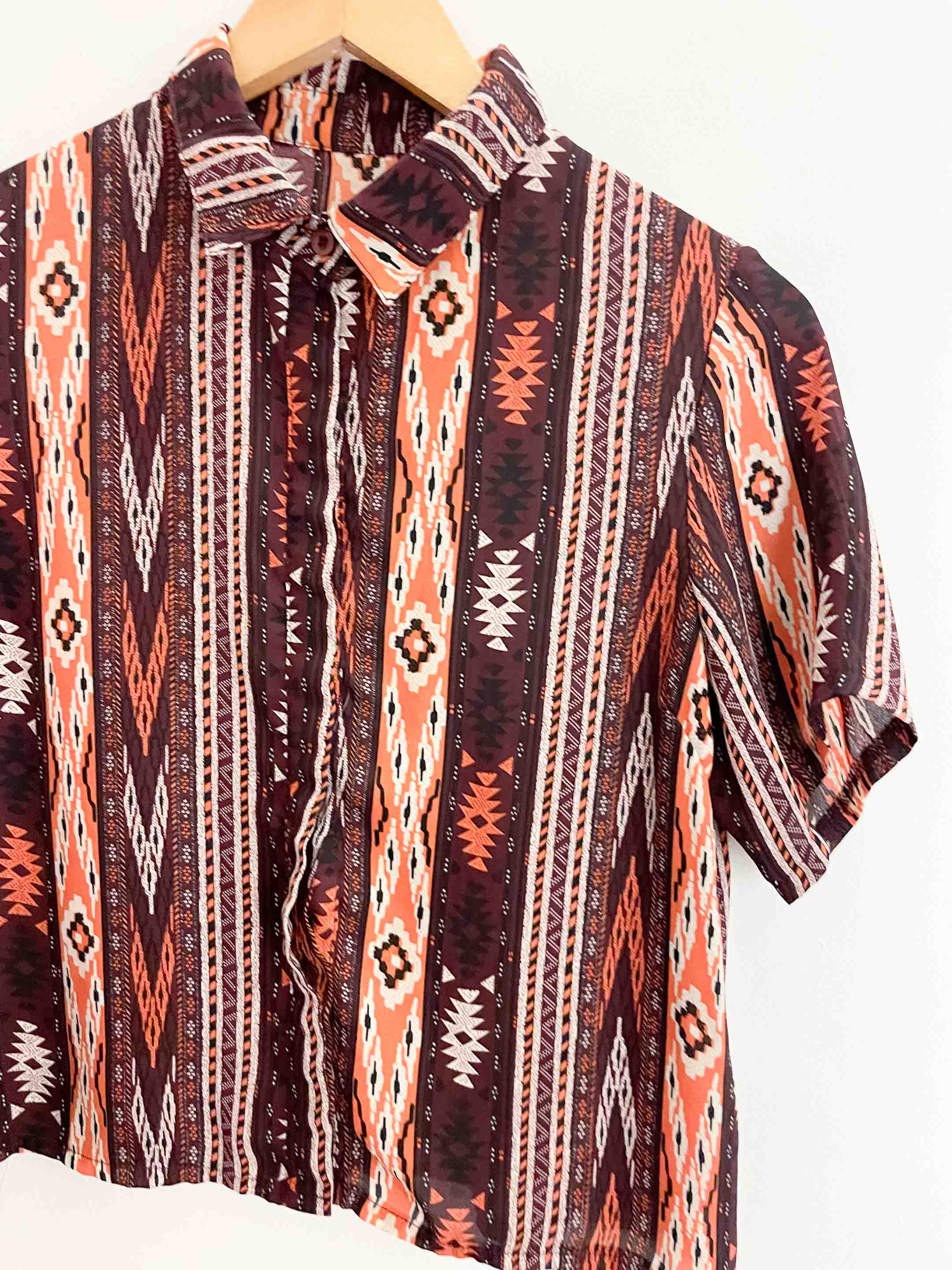 Vintage small brown totem vertical striped short sleeve shirt