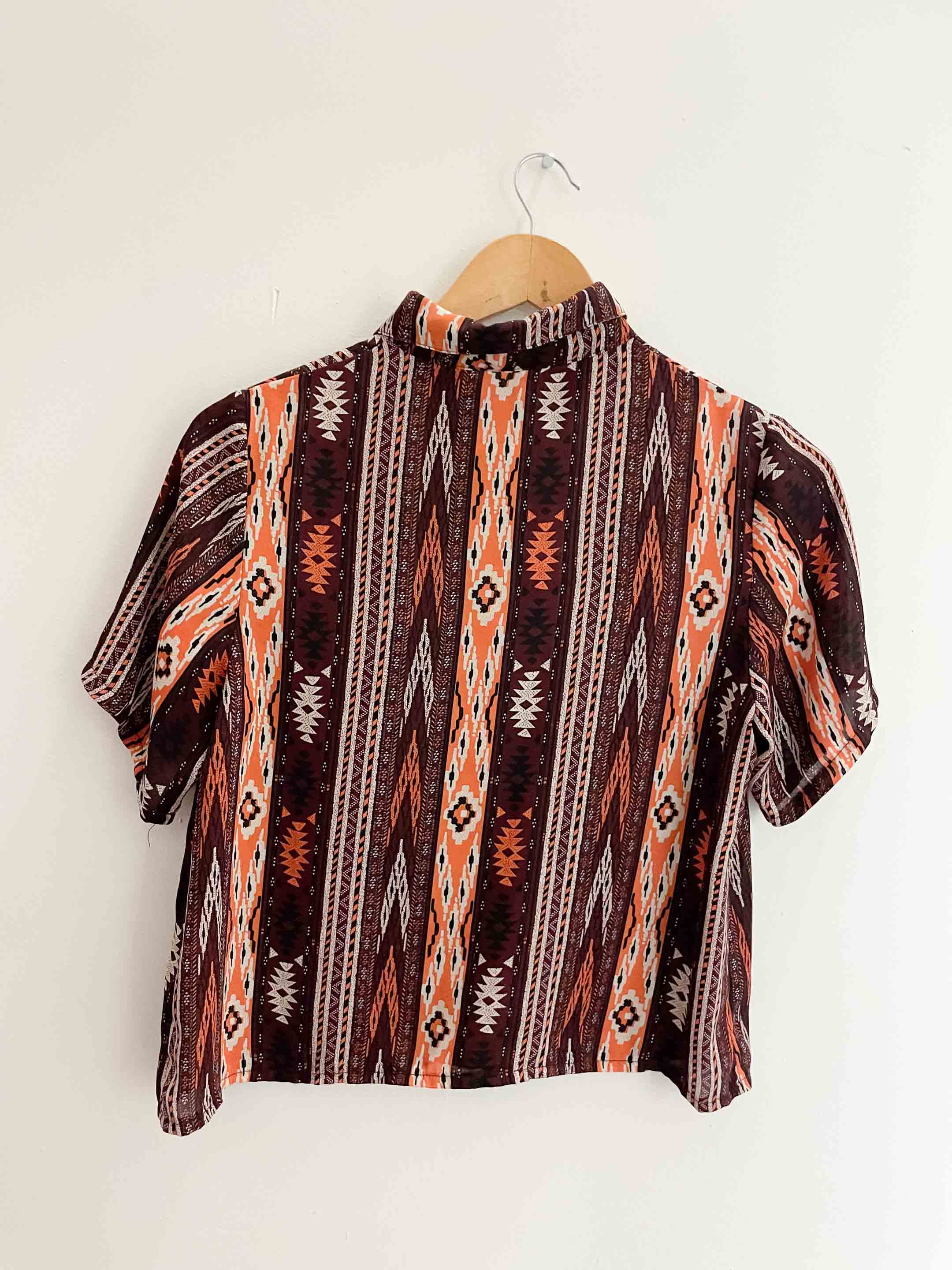 Vintage small brown totem vertical striped short sleeve shirt