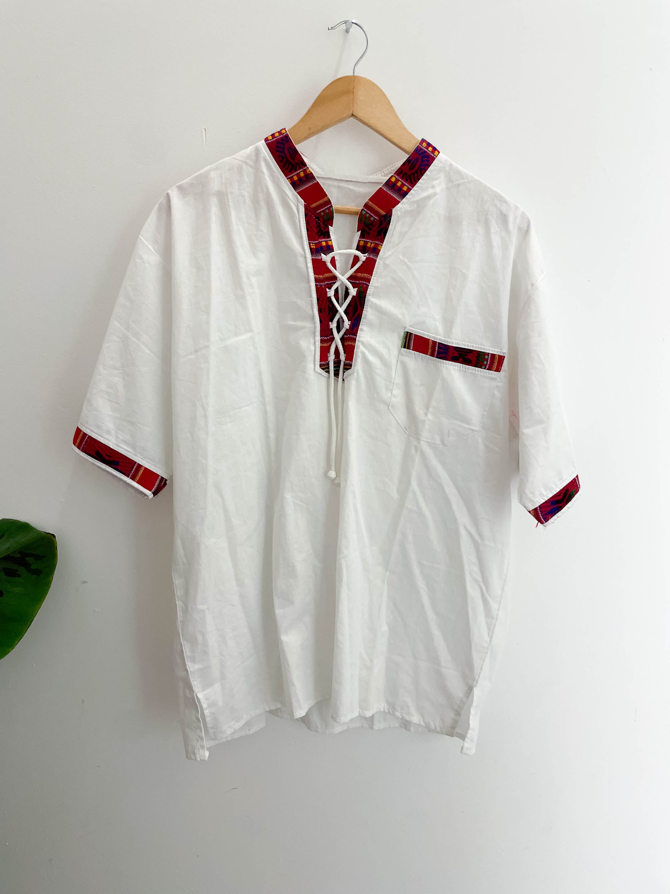 Vintage print pattern collar mens white festival mens shirt size M