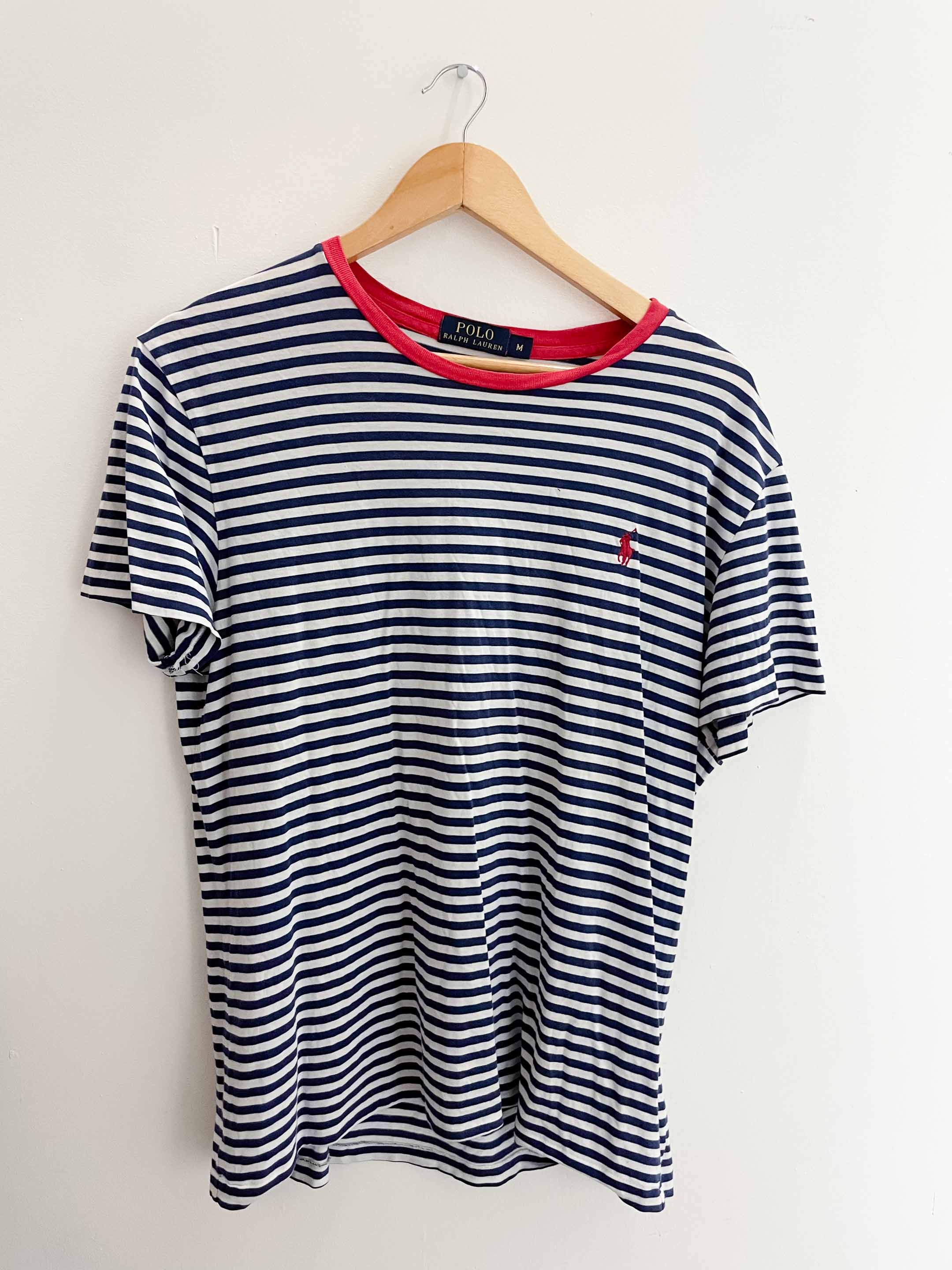 Vintage polo ralph lauren medium blue and white horizontal stripe tshirt