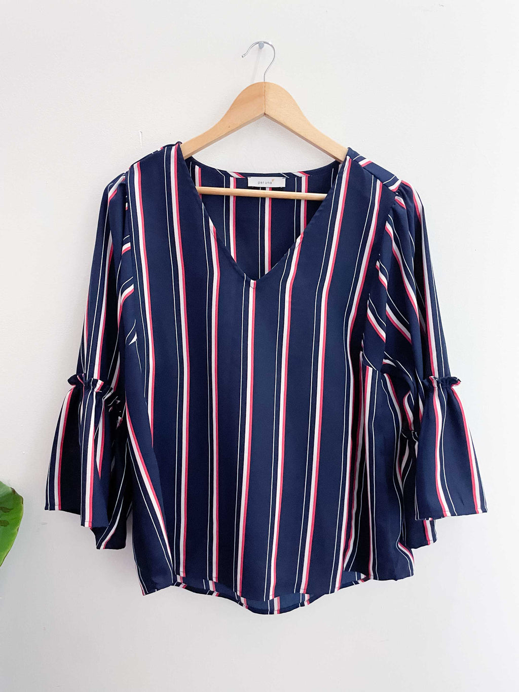 Vintage per una blue vertical pattern womens blouse