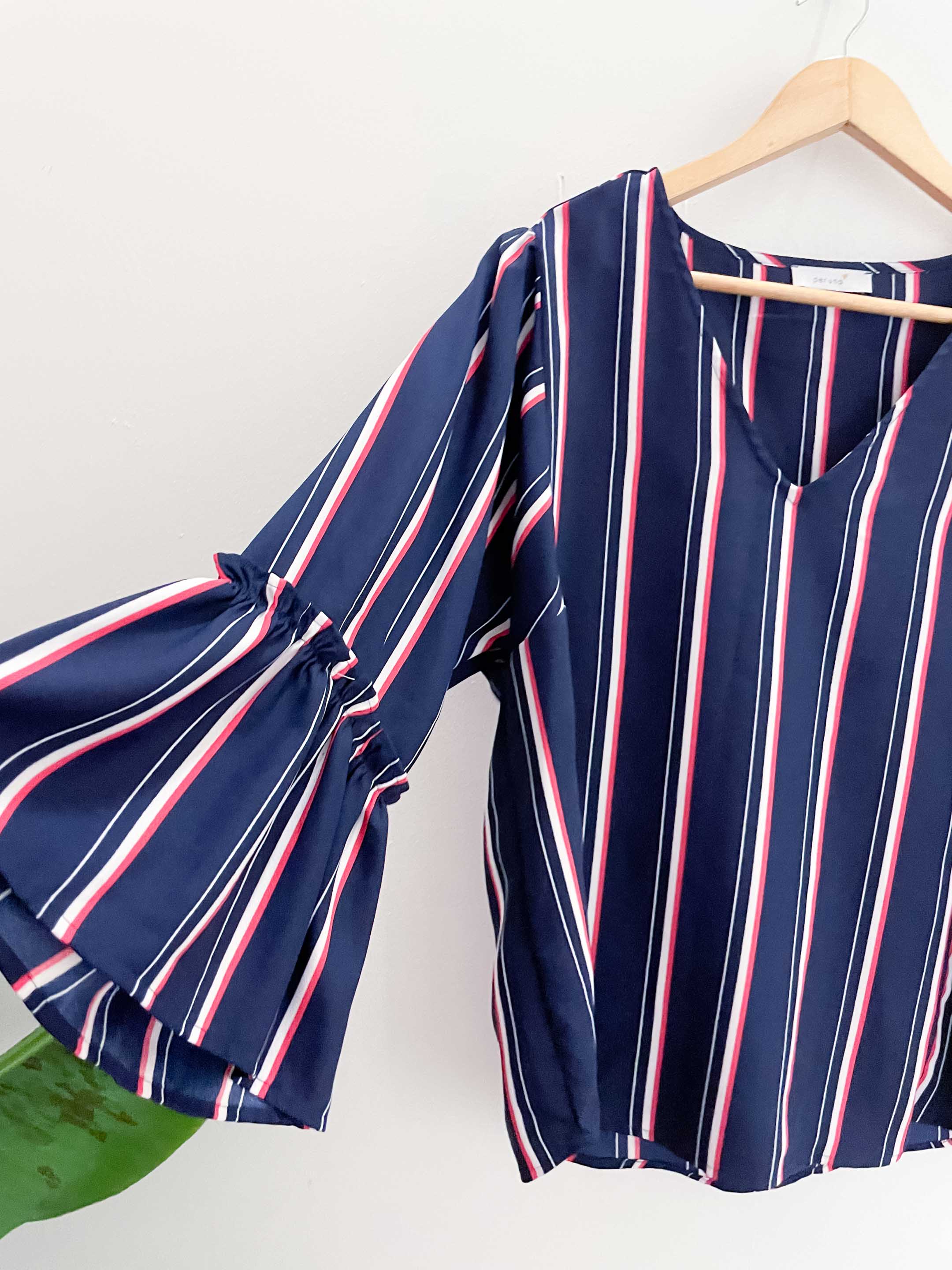 Vintage per una blue vertical pattern womens blouse
