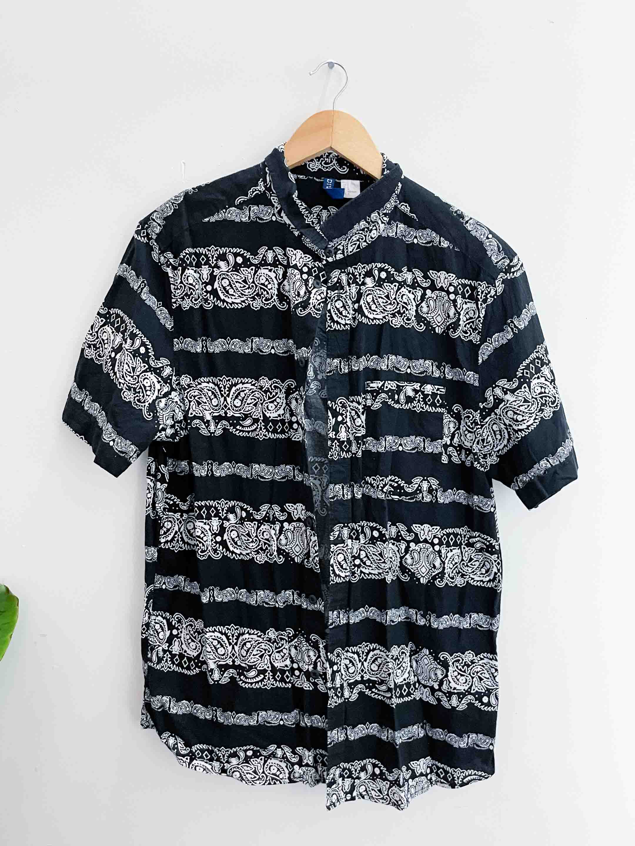 Vintage blue printed pattern mens short sleeve shirt size L
