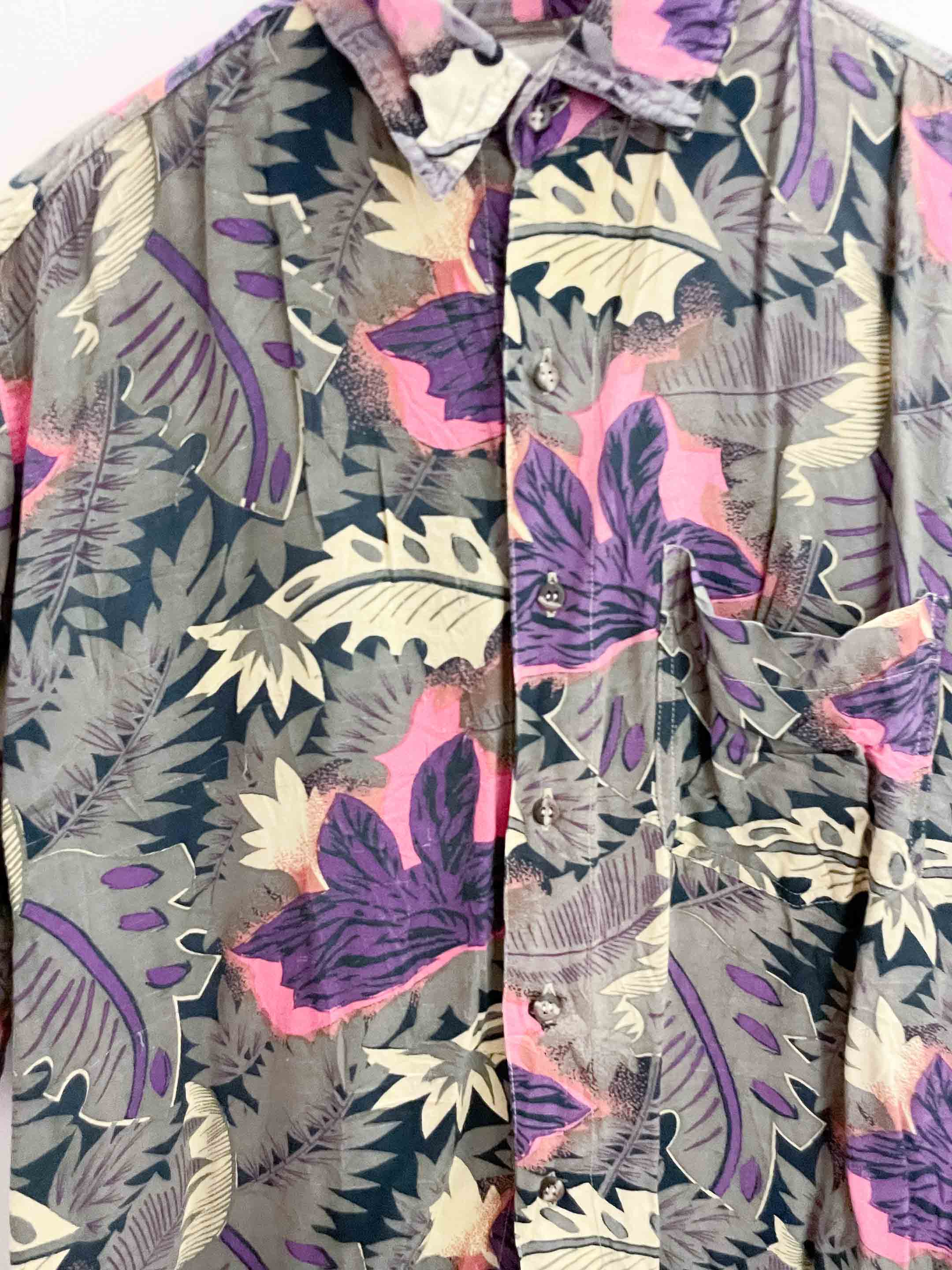 Vintage purple floral patterned beach mens short sleeve shirt size L