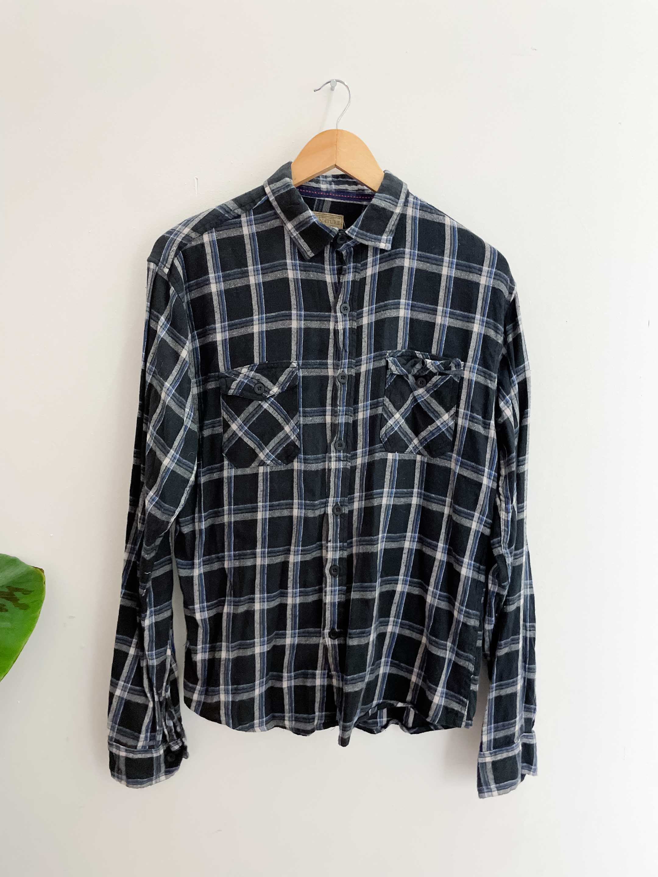 Vintage free nature midnight blue mens checkered long sleeve shirt size M