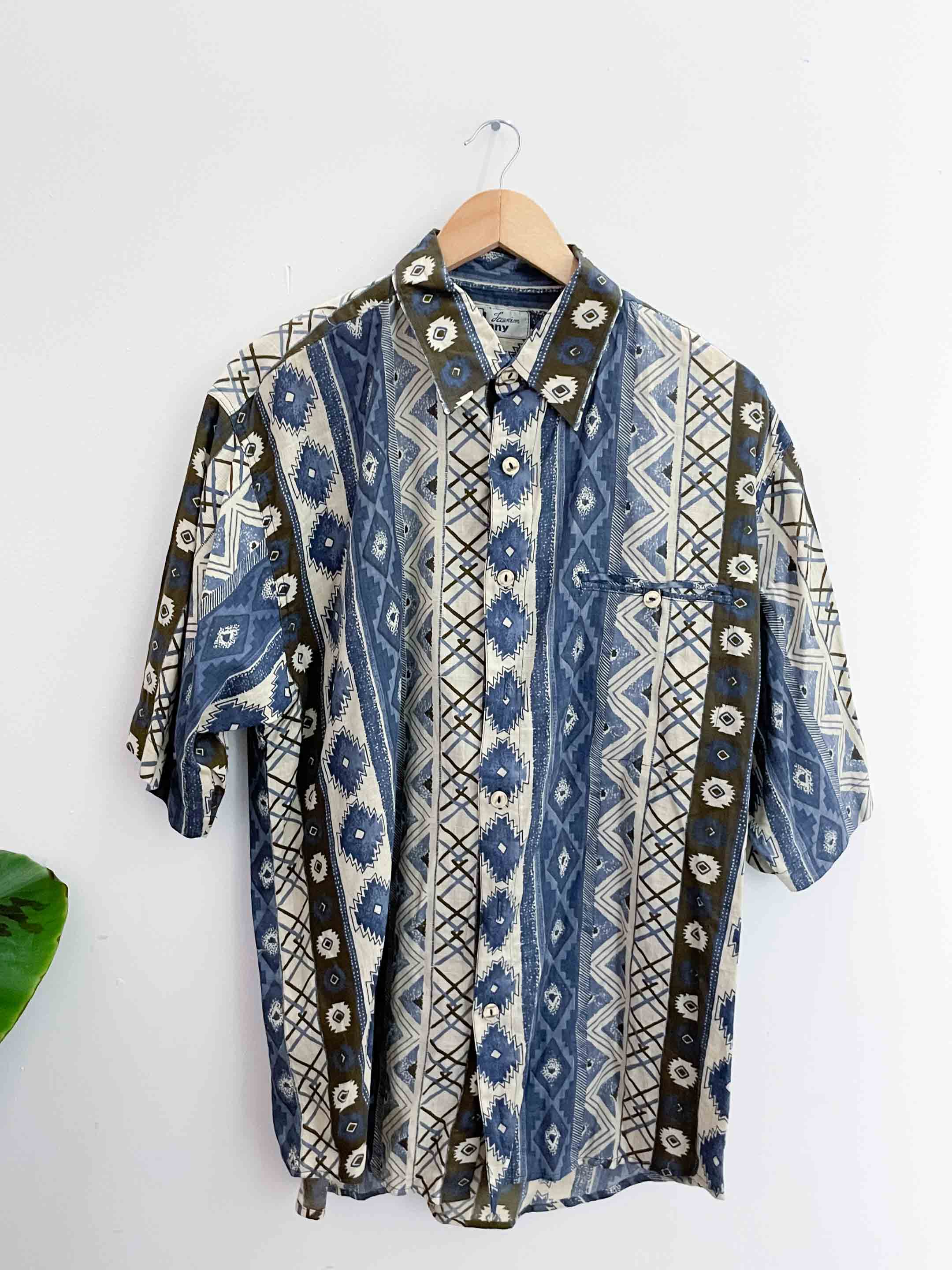Vintage blue abstract pattern festive shirt size XL