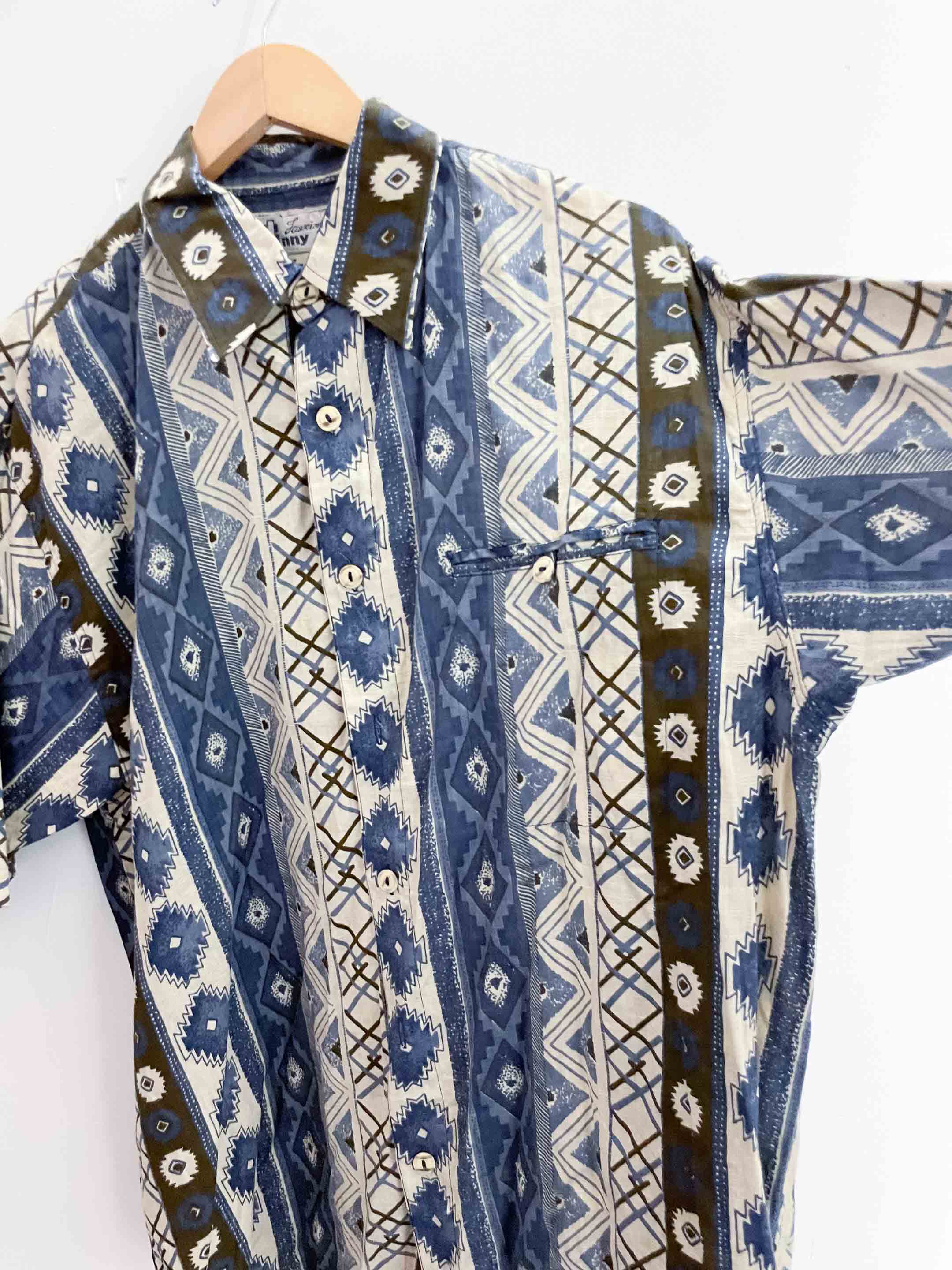 Vintage blue abstract pattern festive shirt size XL