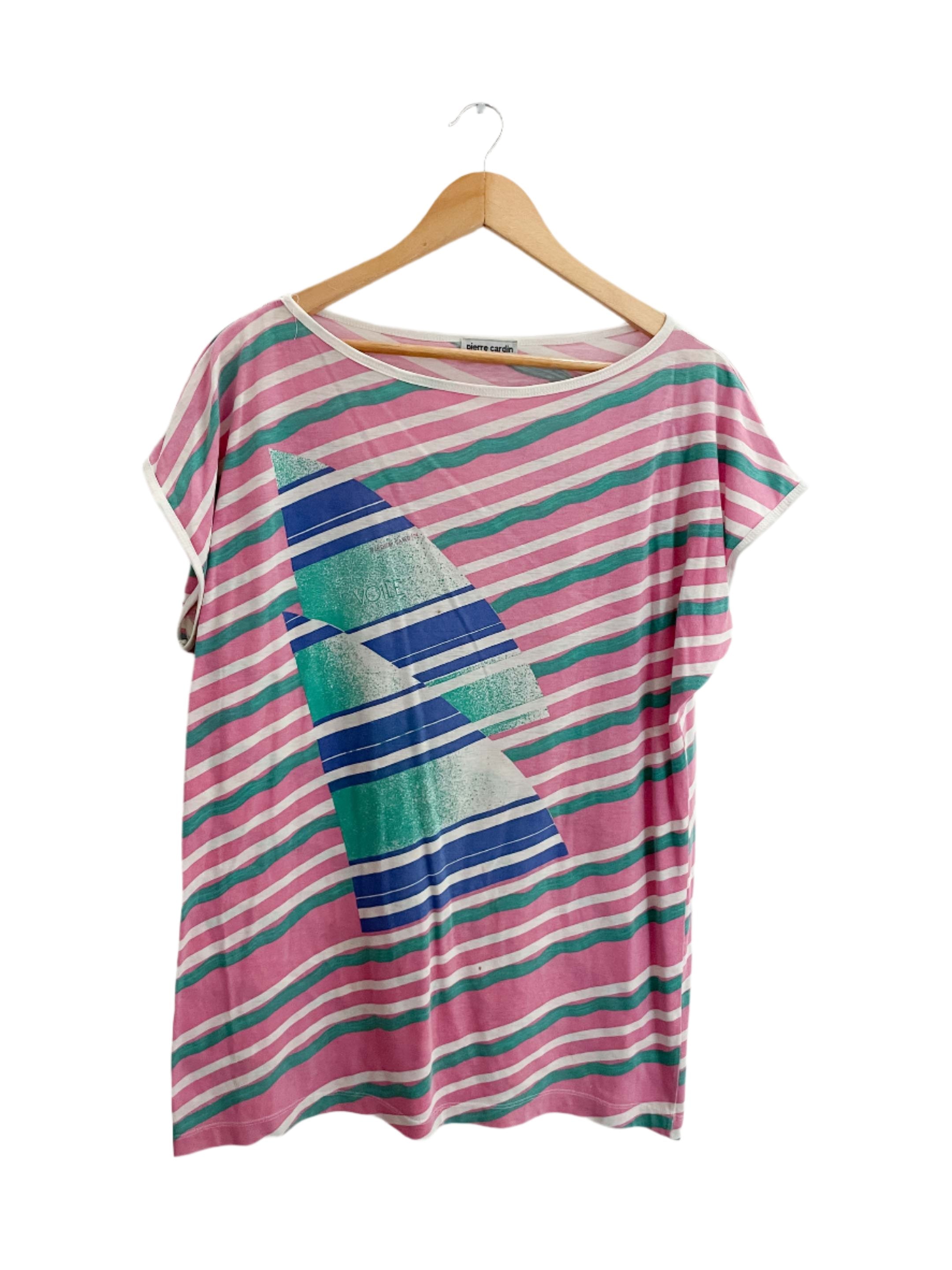 Vintage pierre cardin horizontal stripe pink women tshirt size XXL