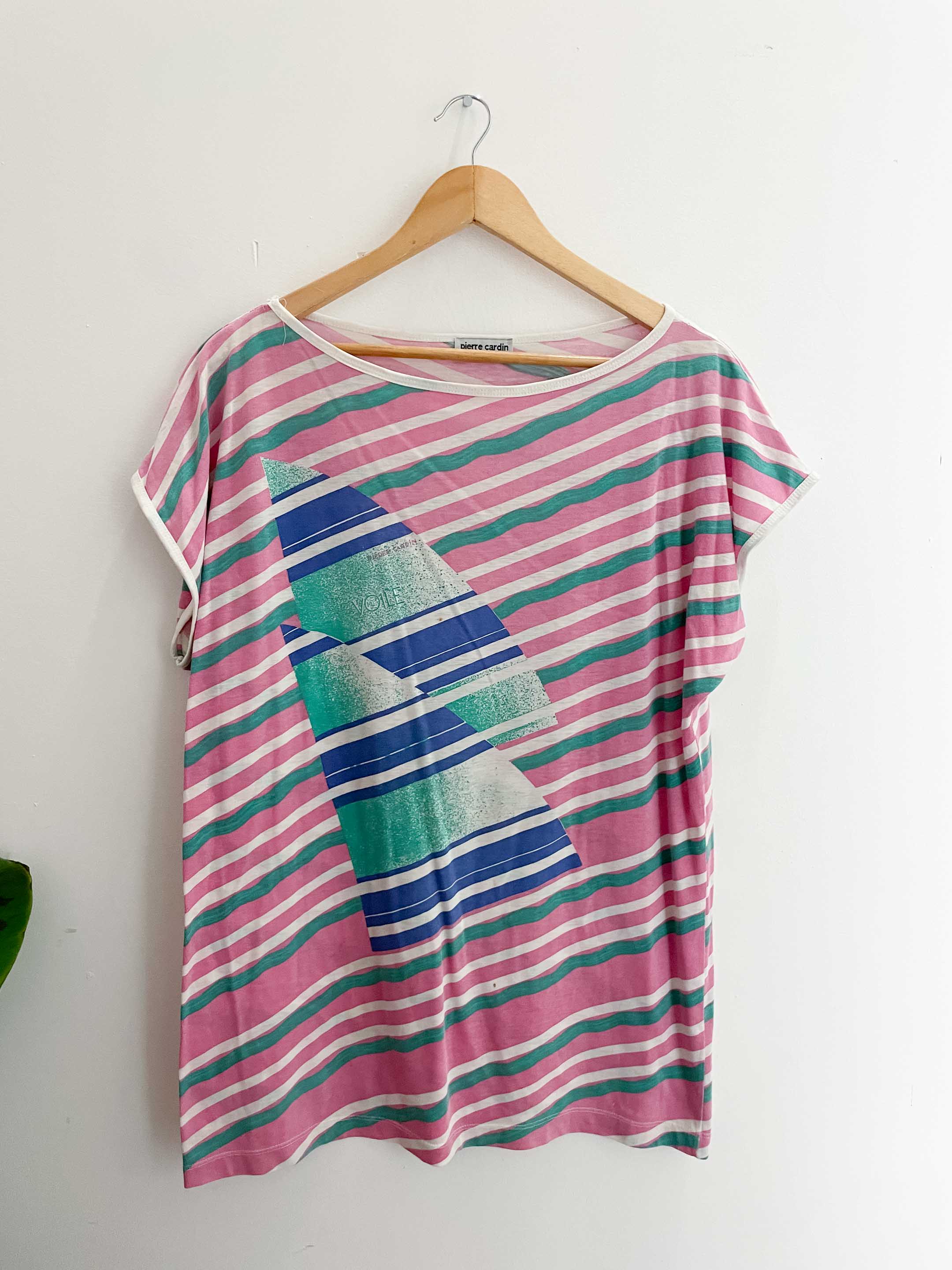 Vintage pierre cardin horizontal stripe pink women tshirt size XXL