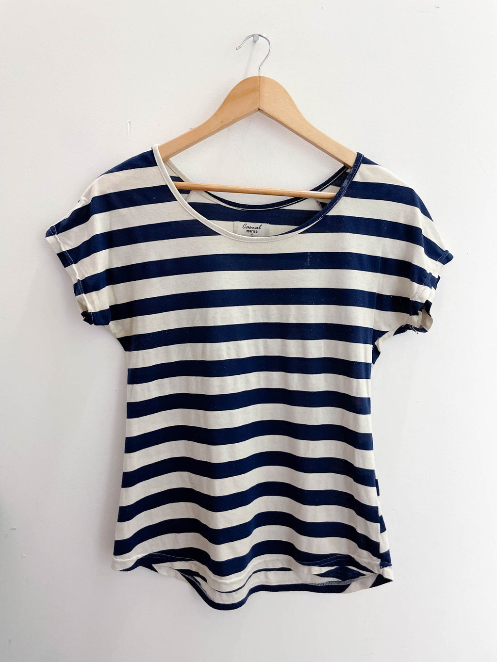 Vintage casual marisa blue and white vertical stripe pattern womens blouse