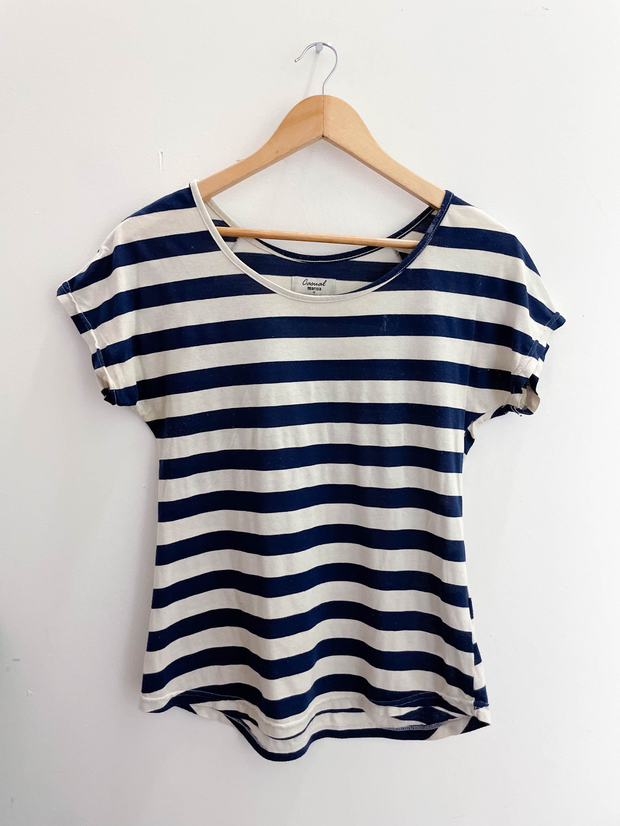 Vintage casual marisa blue and white vertical stripe pattern womens blouse
