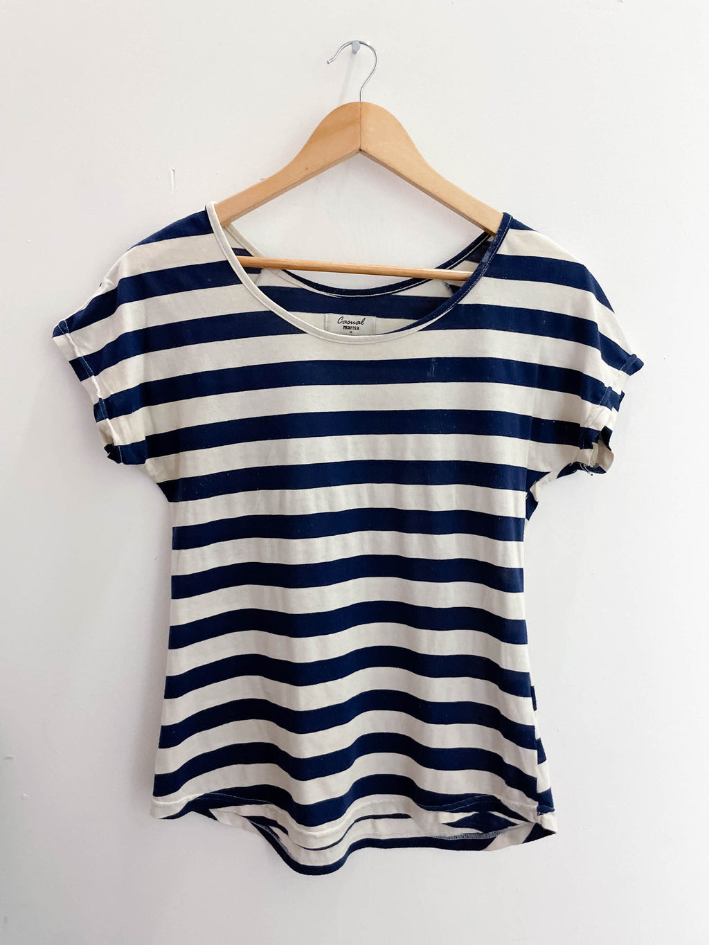 Vintage casual marisa blue and white vertical stripe pattern womens blouse