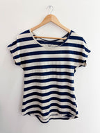Vintage casual marisa blue and white vertical stripe pattern womens blouse