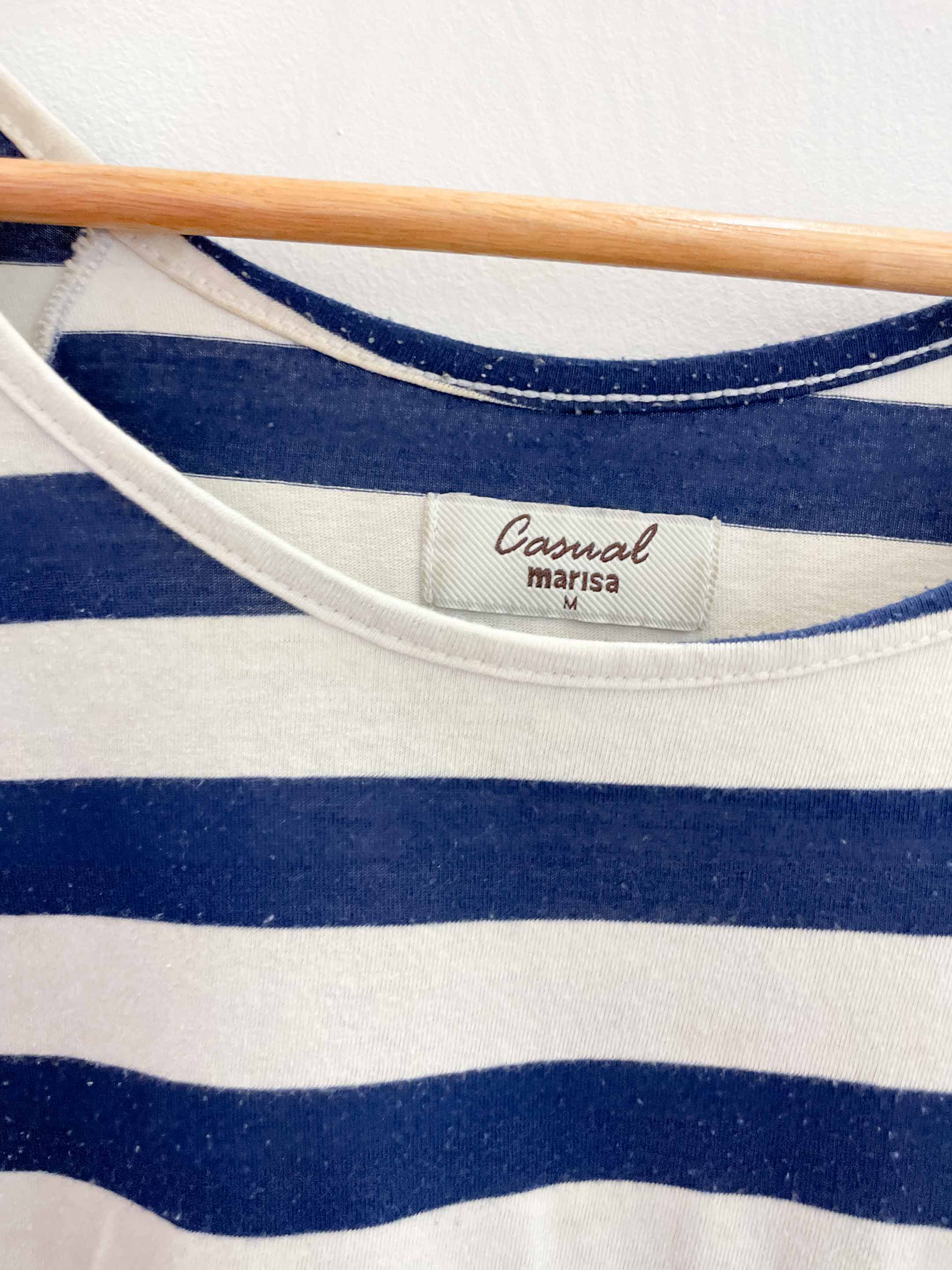 Vintage casual marisa blue and white vertical stripe pattern womens blouse