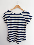 Vintage casual marisa blue and white vertical stripe pattern womens blouse