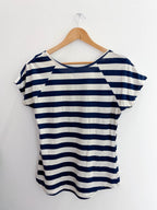 Vintage casual marisa blue and white vertical stripe pattern womens blouse