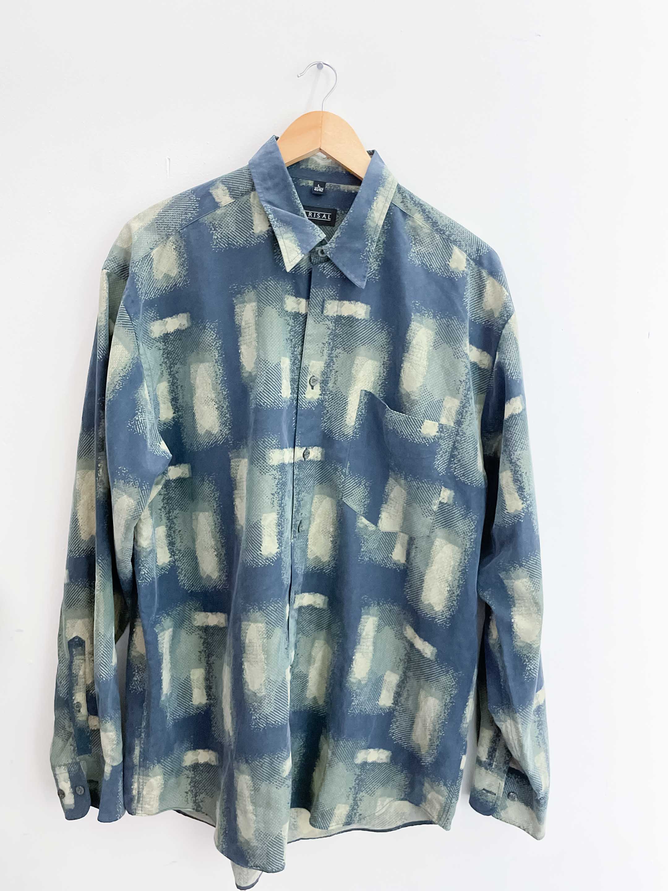 Vintage blue abstract festive pattern mens long sleeve shirt size L