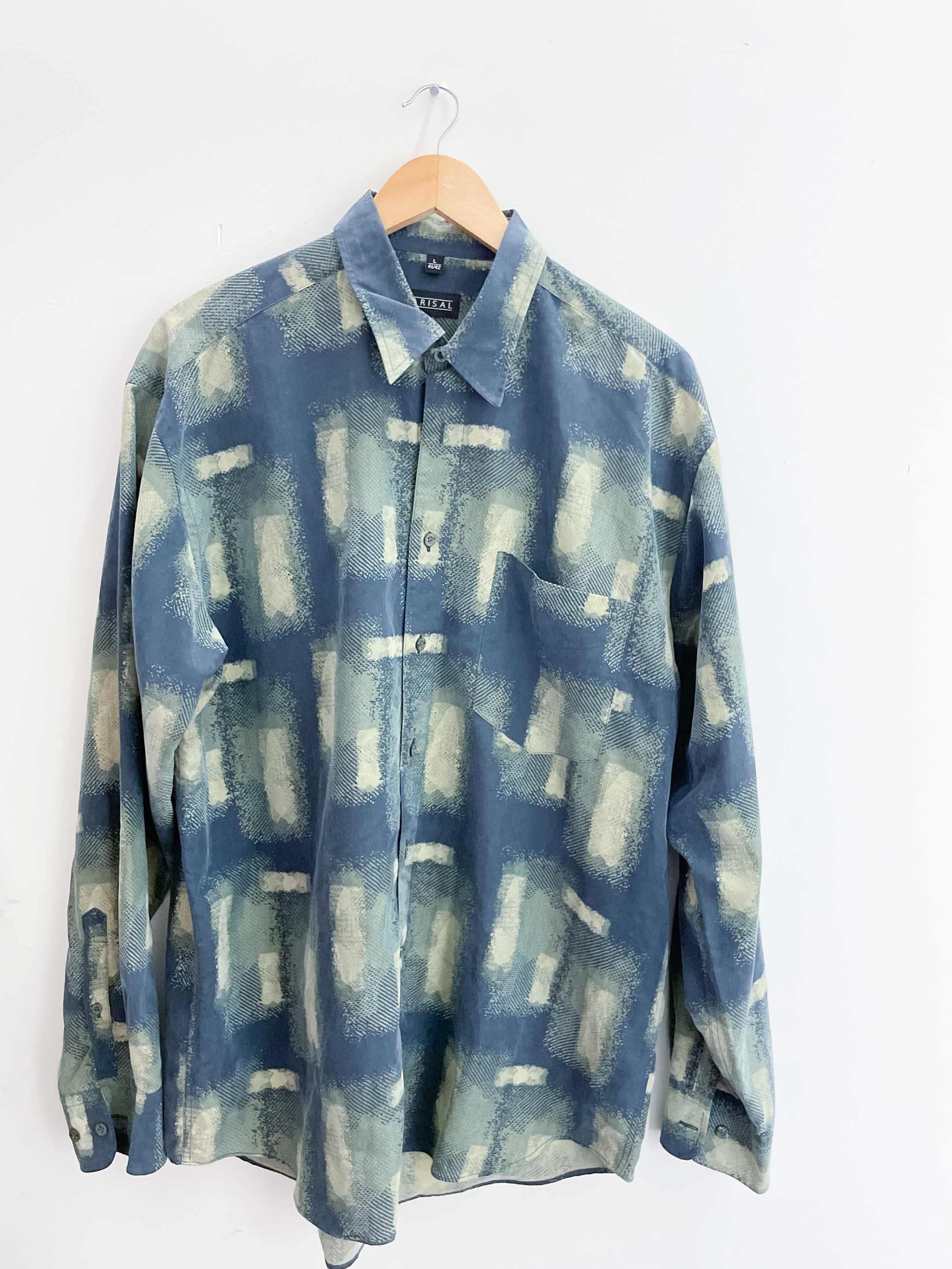 Vintage blue abstract festive pattern mens long sleeve shirt size L