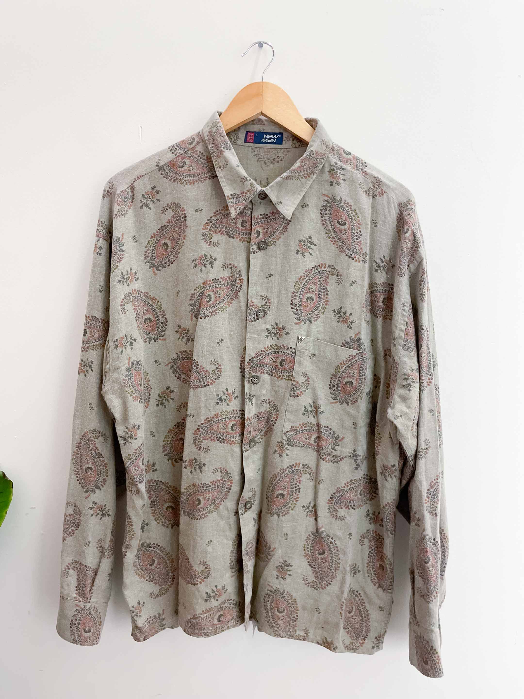 Vintage new man floral pattern brown mens shirt size L| SKU 1895