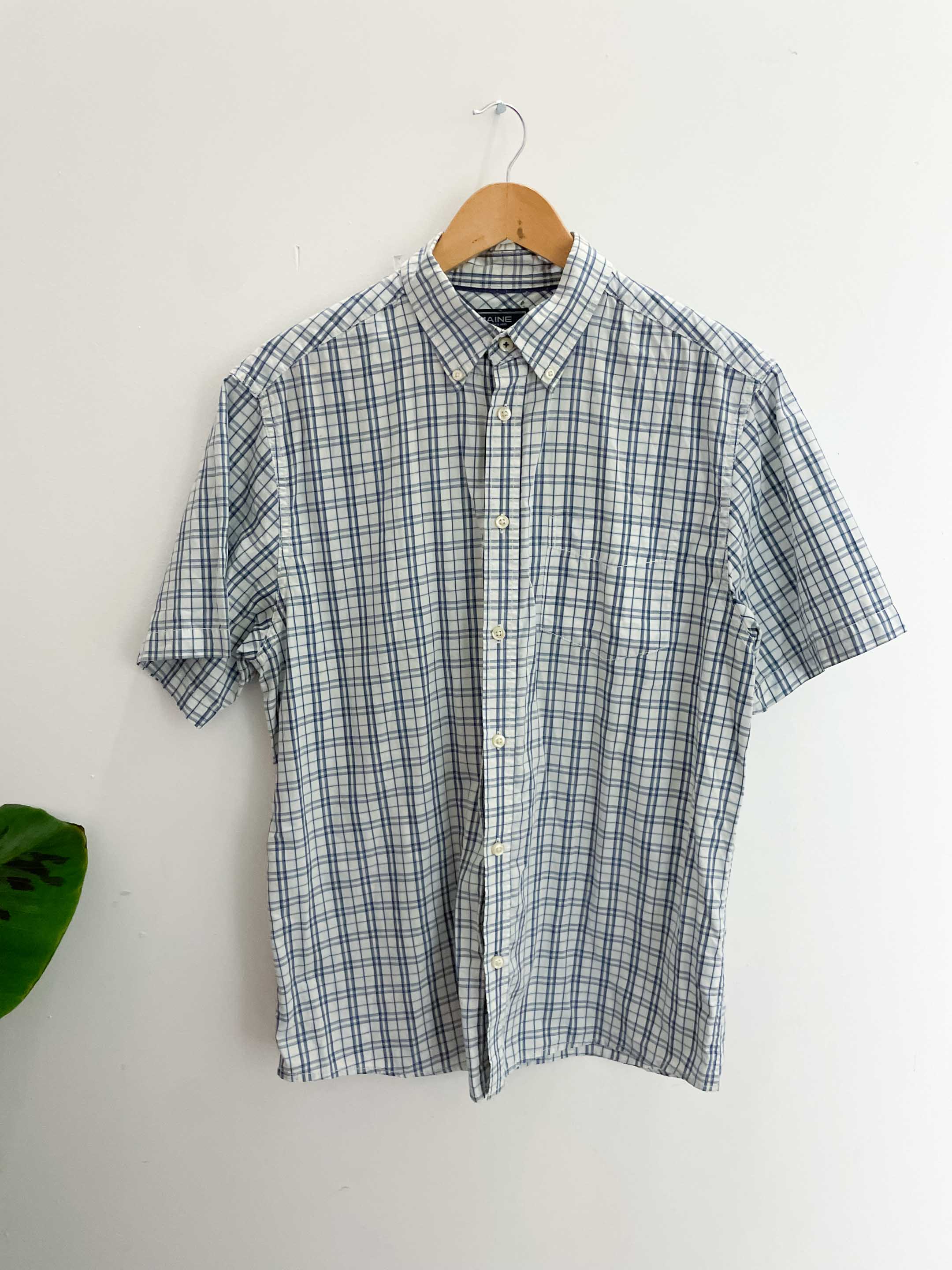 Vintage maine blue patterned mens short sleeve shirt size M