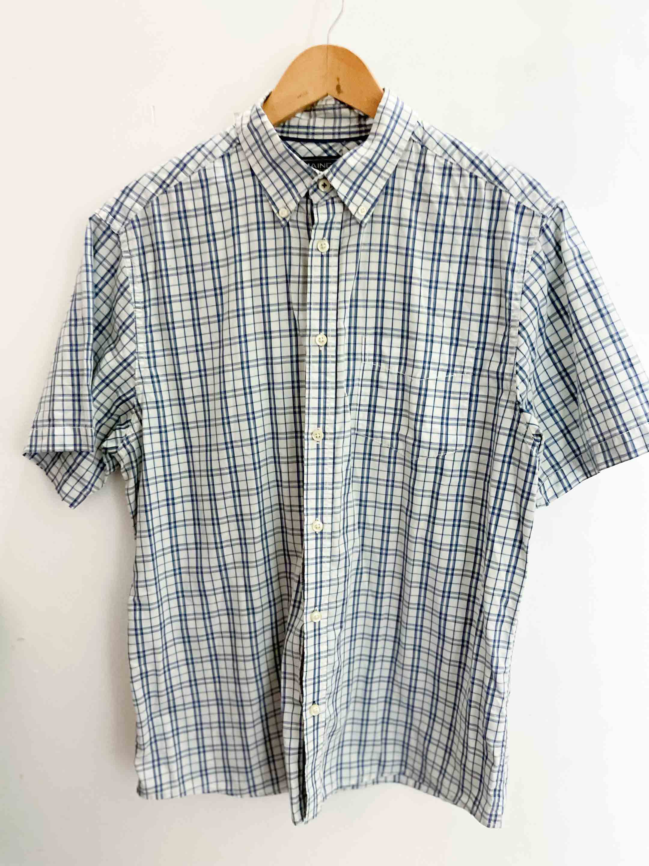 Vintage maine blue patterned mens short sleeve shirt size M