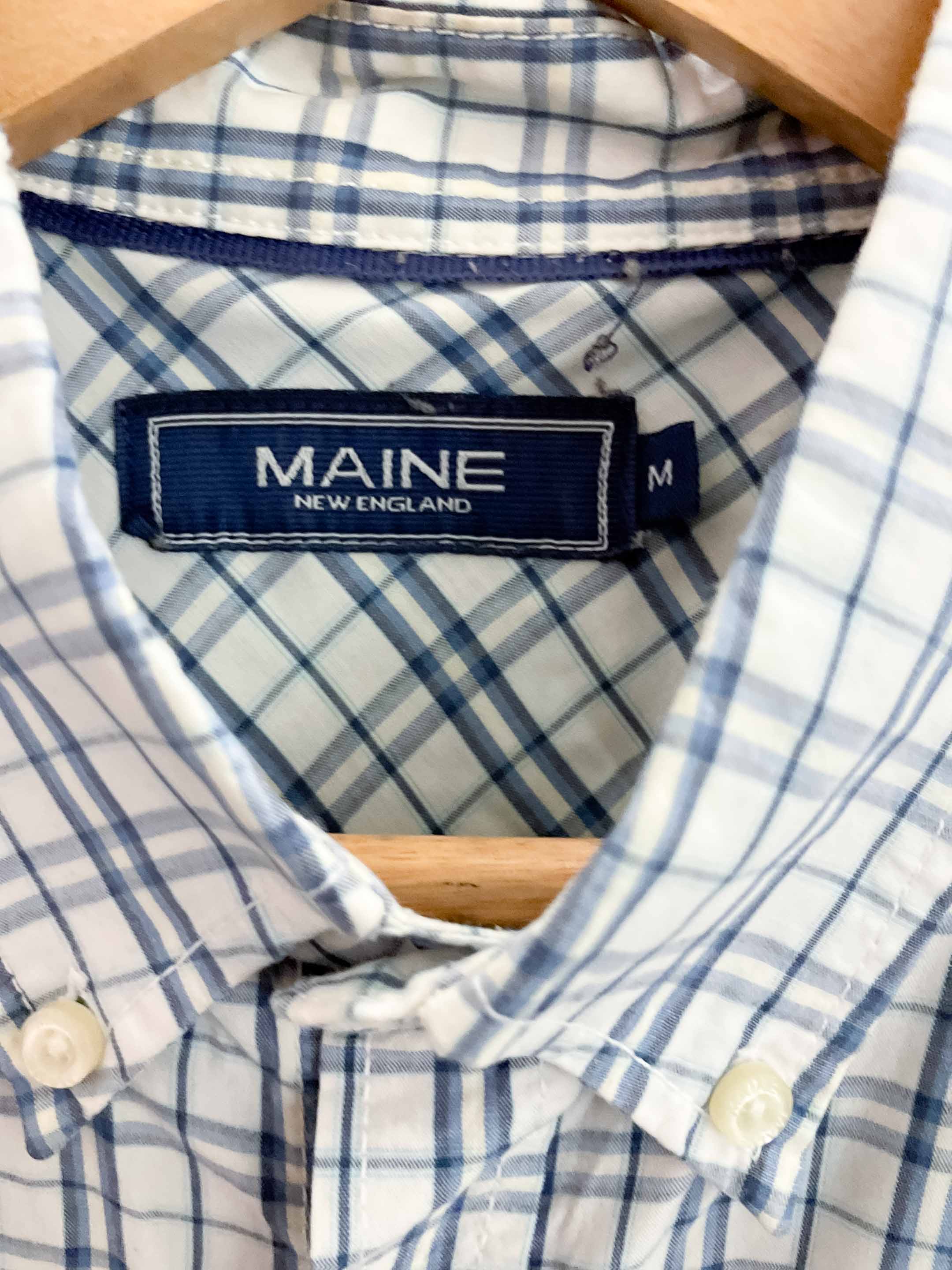 Vintage maine blue patterned mens short sleeve shirt size M