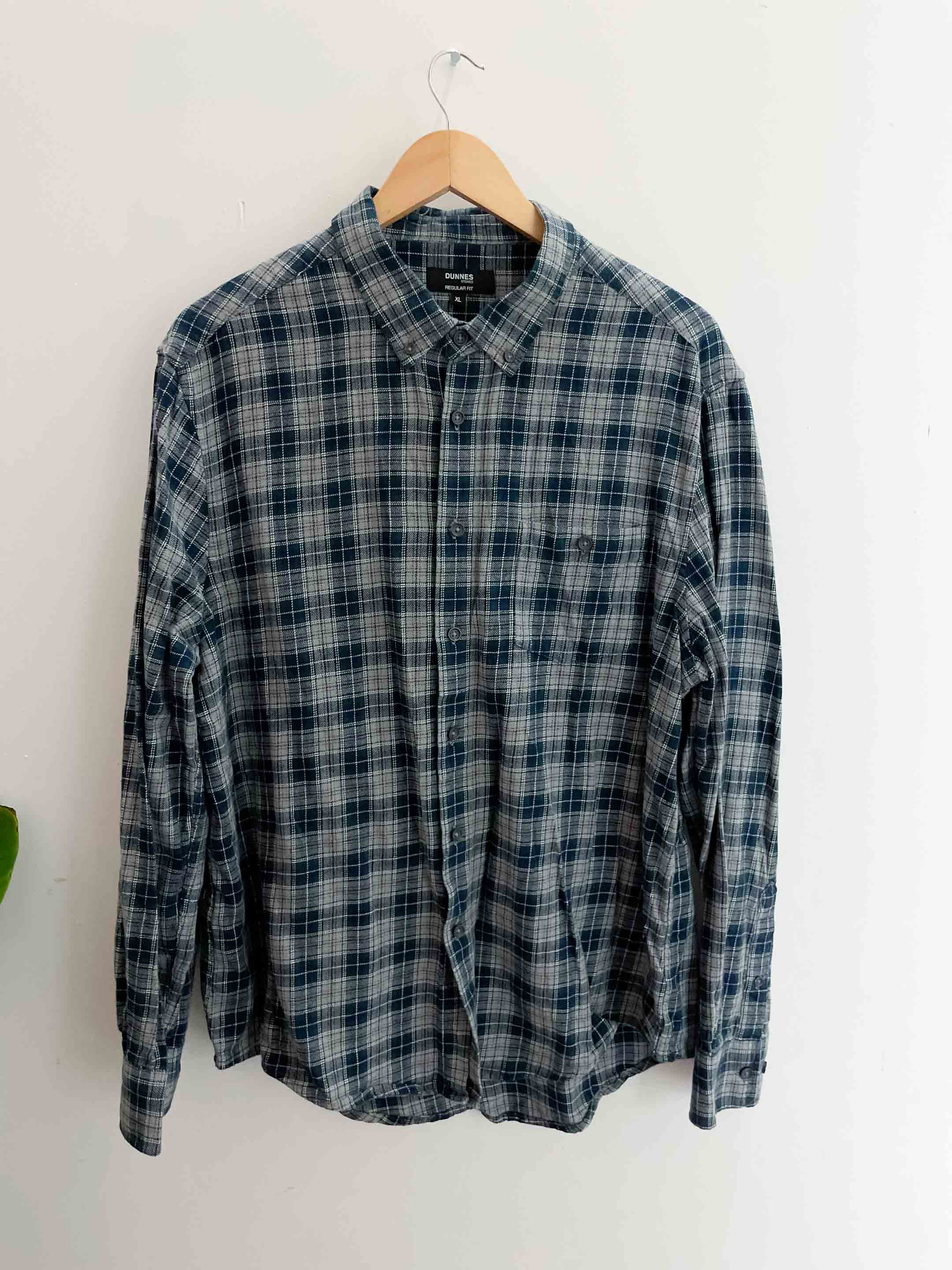 Vintage dunnes green checkered regular fit cotton long sleeve shirt size XL