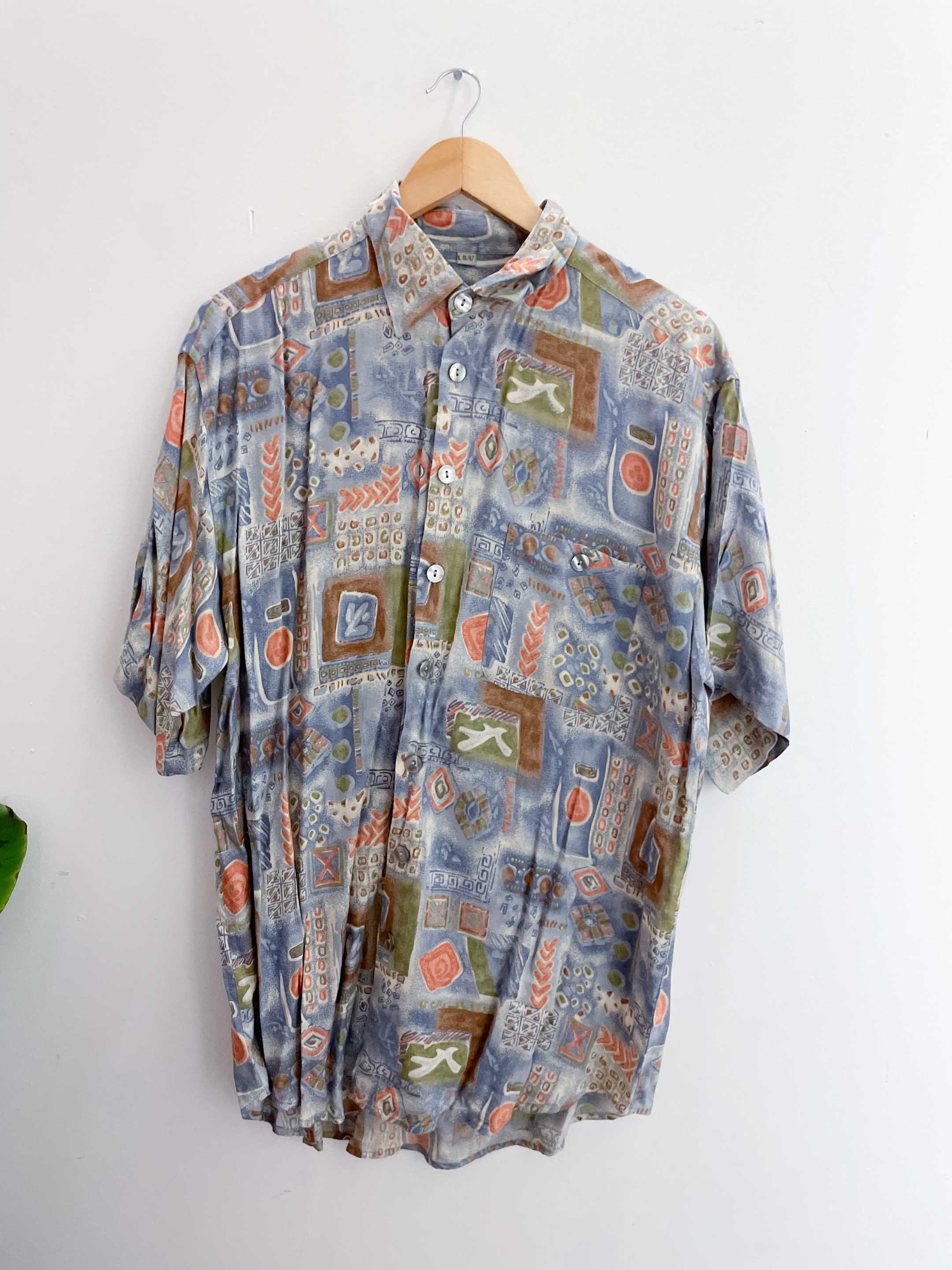 Vintage happy life blue abstract pattern festive large shirt