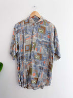 Vintage happy life blue abstract pattern festive large shirt