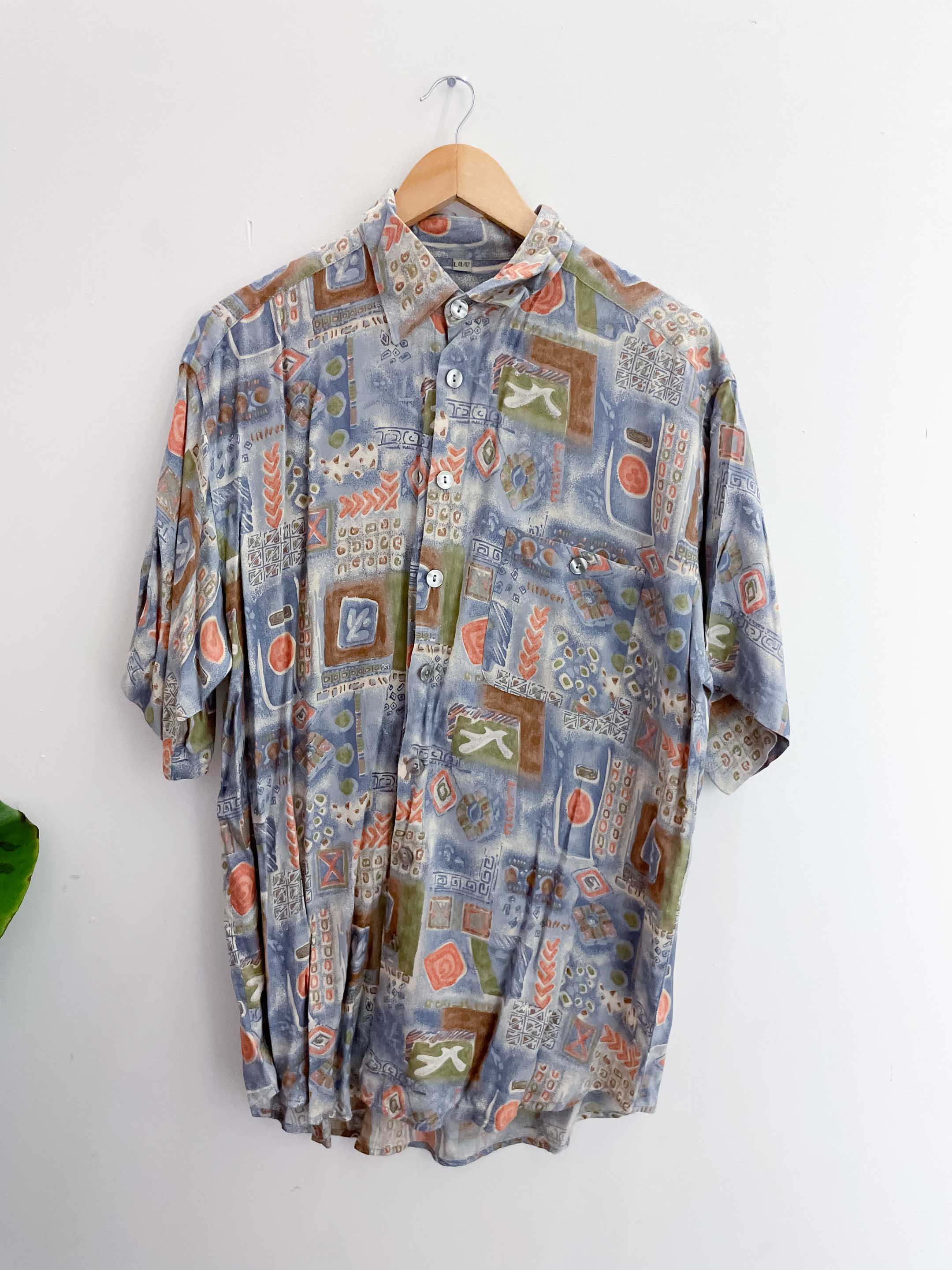Vintage happy life blue abstract pattern festive large shirt