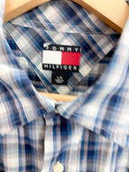 Vintage blue tommy hilfiger checkered mens short sleeve large shirt