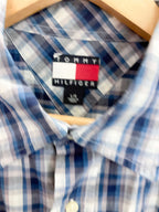 Vintage blue tommy hilfiger checkered mens short sleeve large shirt