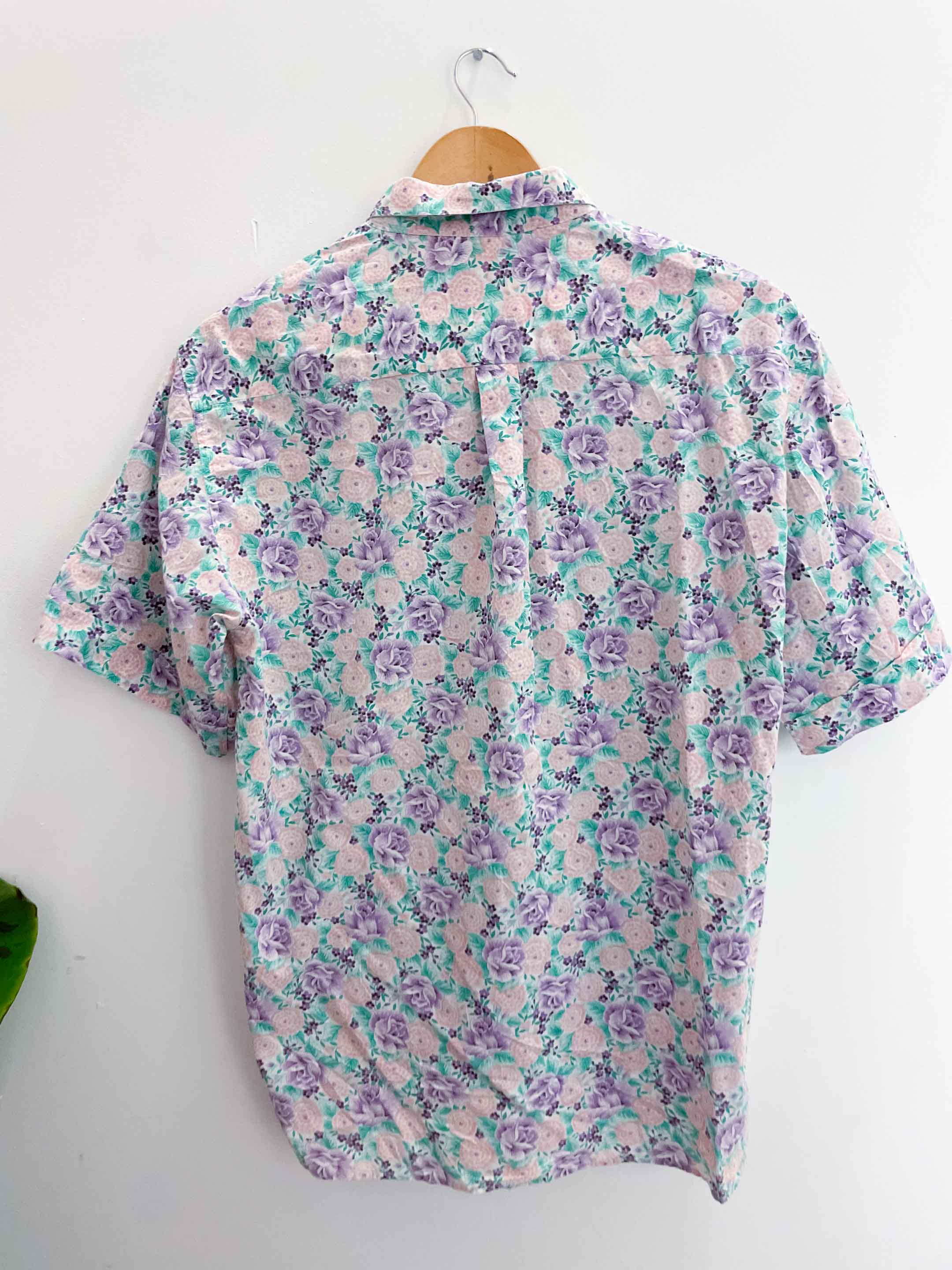 Vintage purple floral patterned mens short sleeve shirt size S