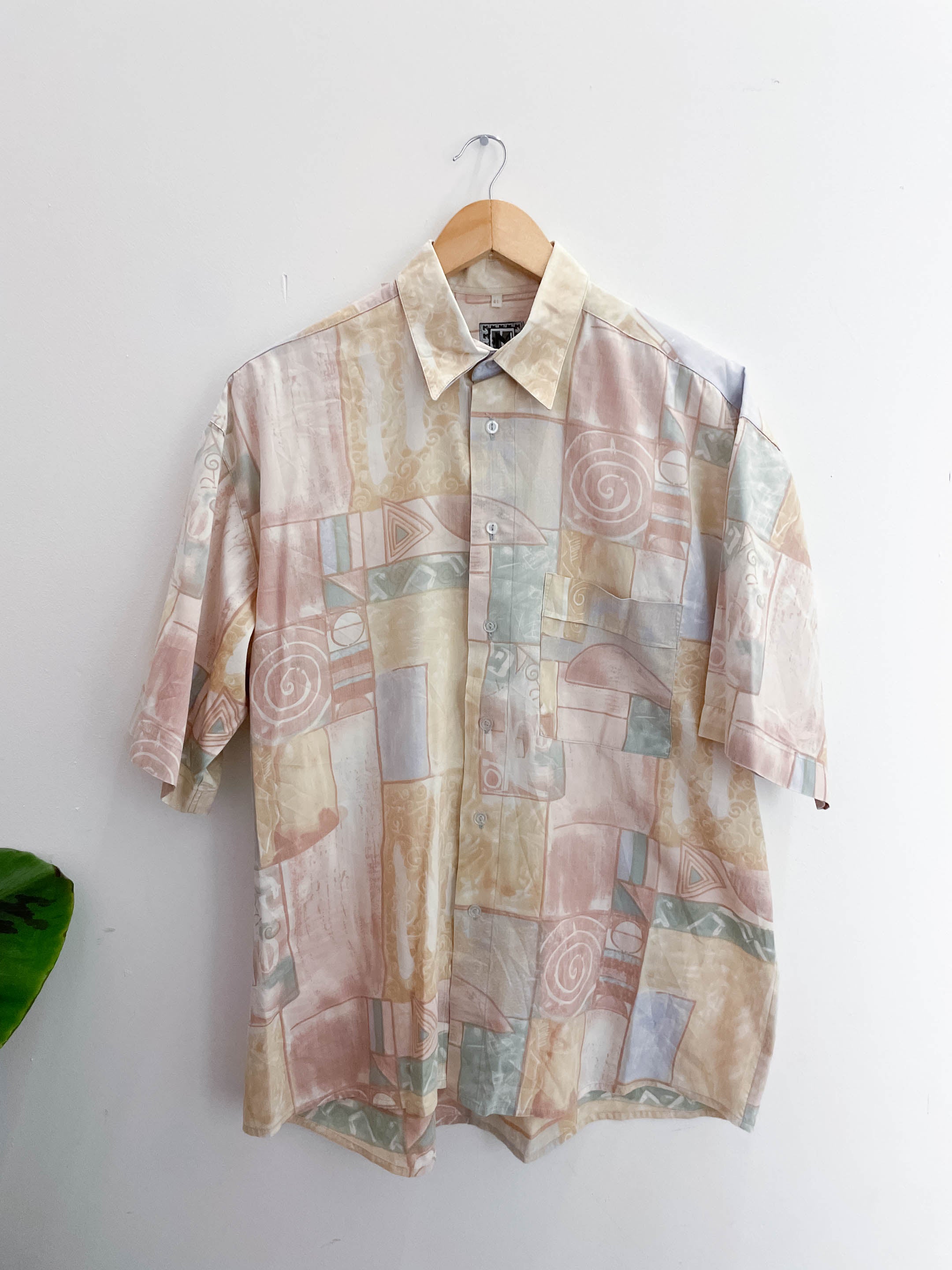 Vintage Jean Maseric cream abstract pattern mens medium short sleeve shirt