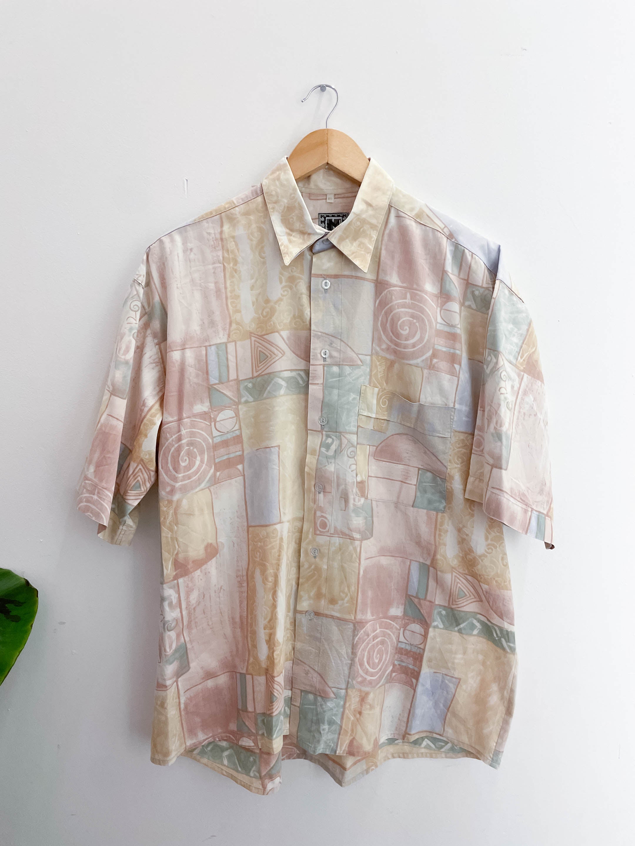 Vintage Jean Maseric cream abstract pattern mens medium short sleeve shirt