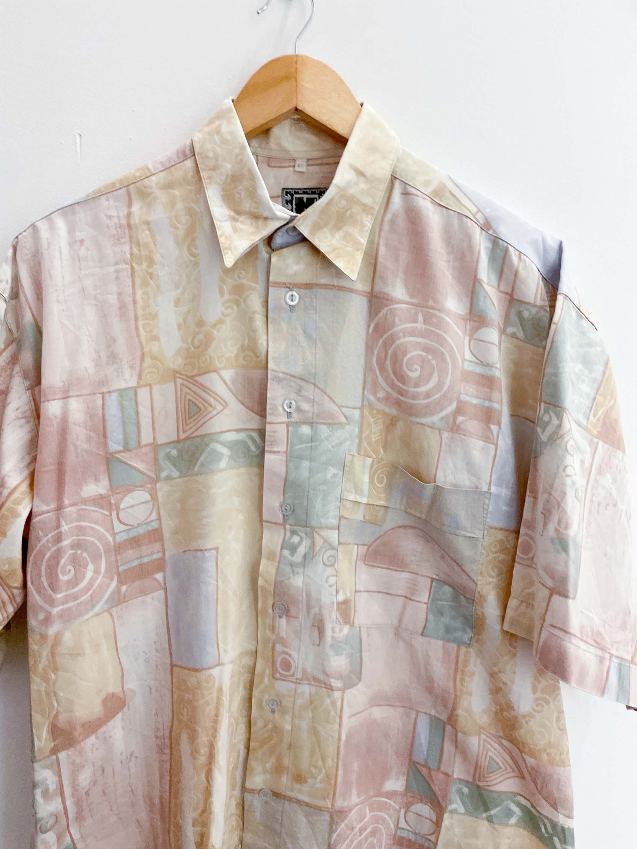 Vintage Jean Maseric cream abstract pattern mens medium short sleeve shirt