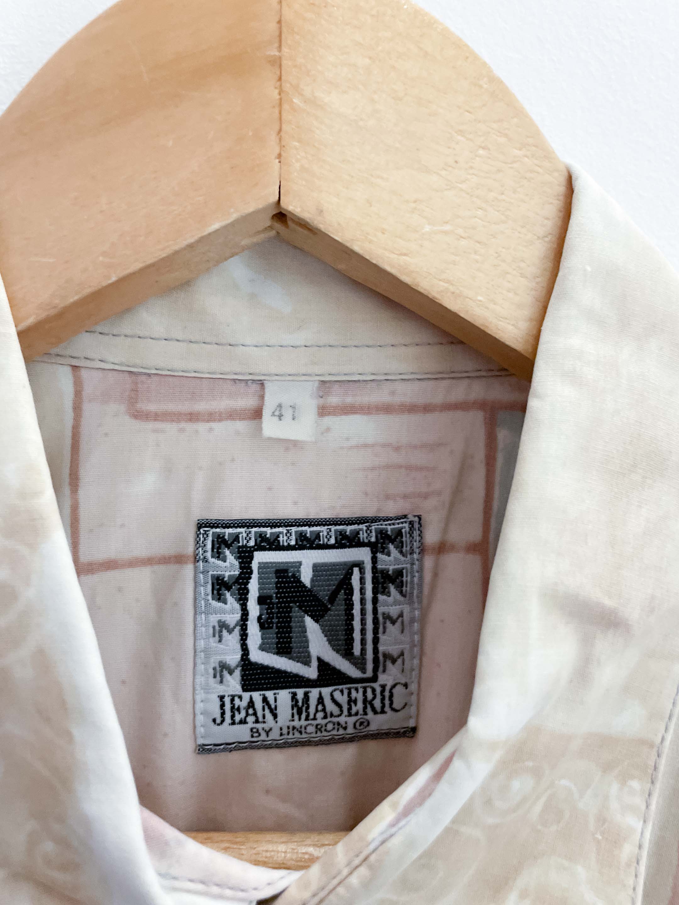 Vintage Jean Maseric cream abstract pattern mens medium short sleeve shirt