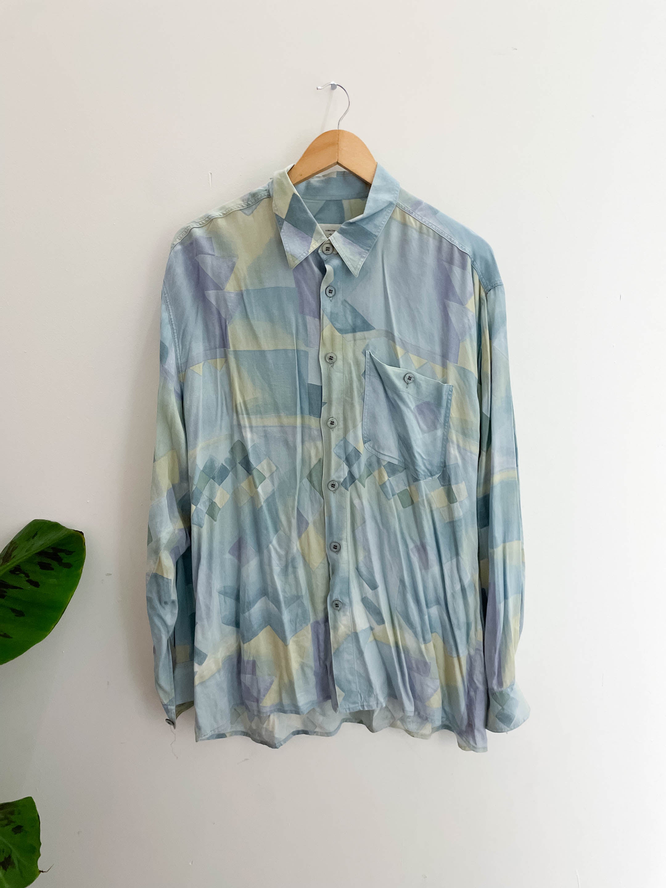 Vintage blue patterned silk long sleeve mens large shirt