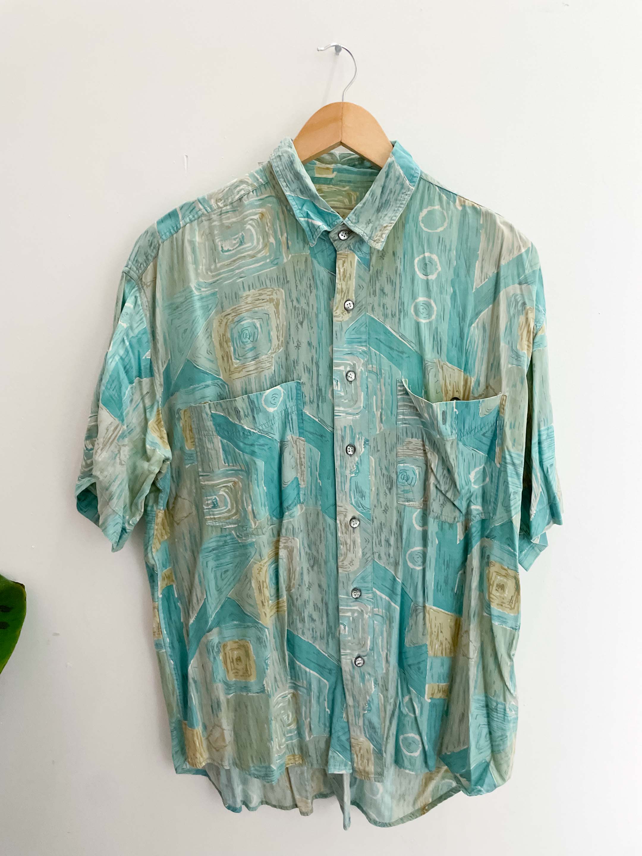Vintage spurt green abstract patterned men short sleeve large shirt